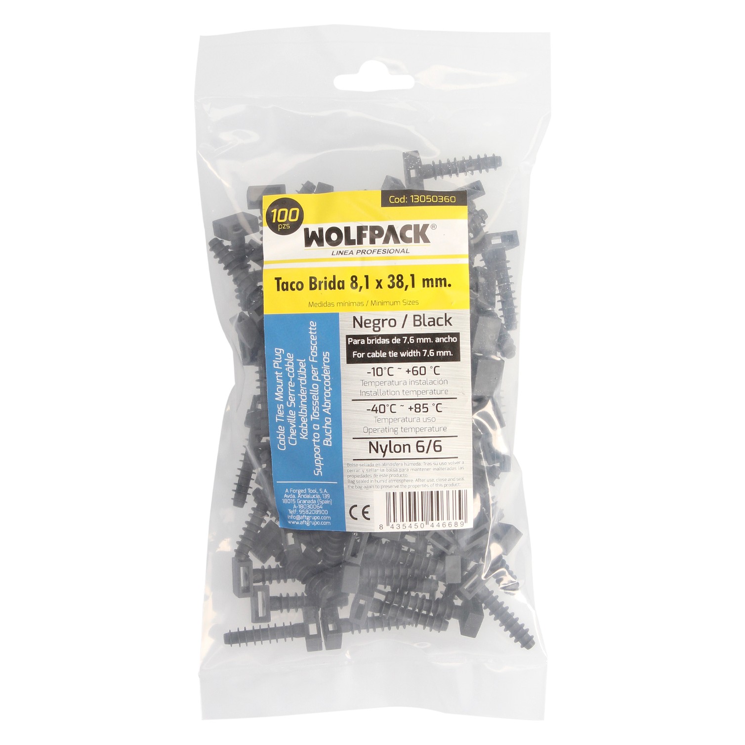 Taco Fijación Brida Nylon Negro 8 mm. (Bolsa 100 Unidades)