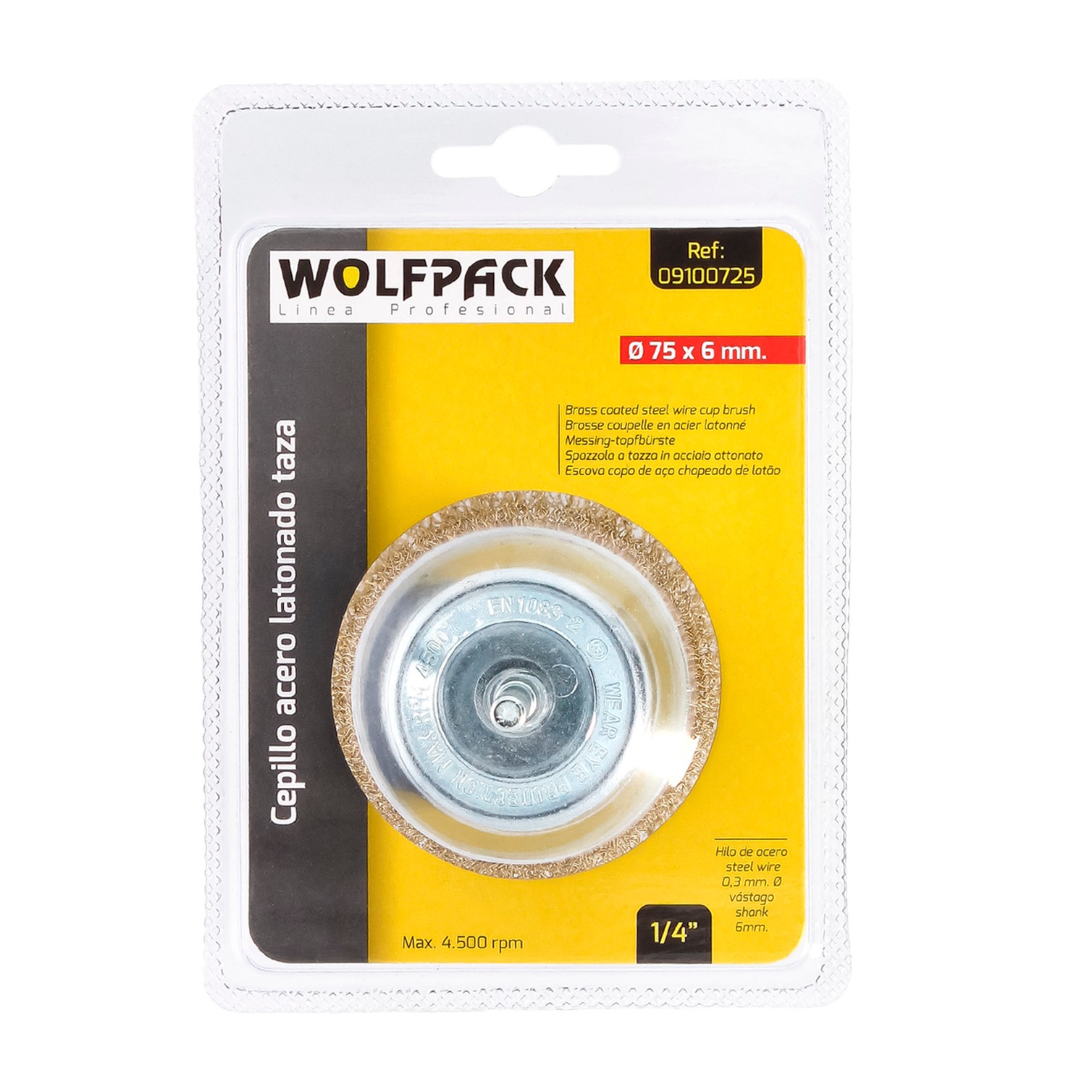 Cepillo Acero Latonado Para Taladro Taza Ø 75 mm. Espiga 1/4" Cepillo Taladro Alambre Latón, Cepillo Limpieza, Cepillo Pulir.
