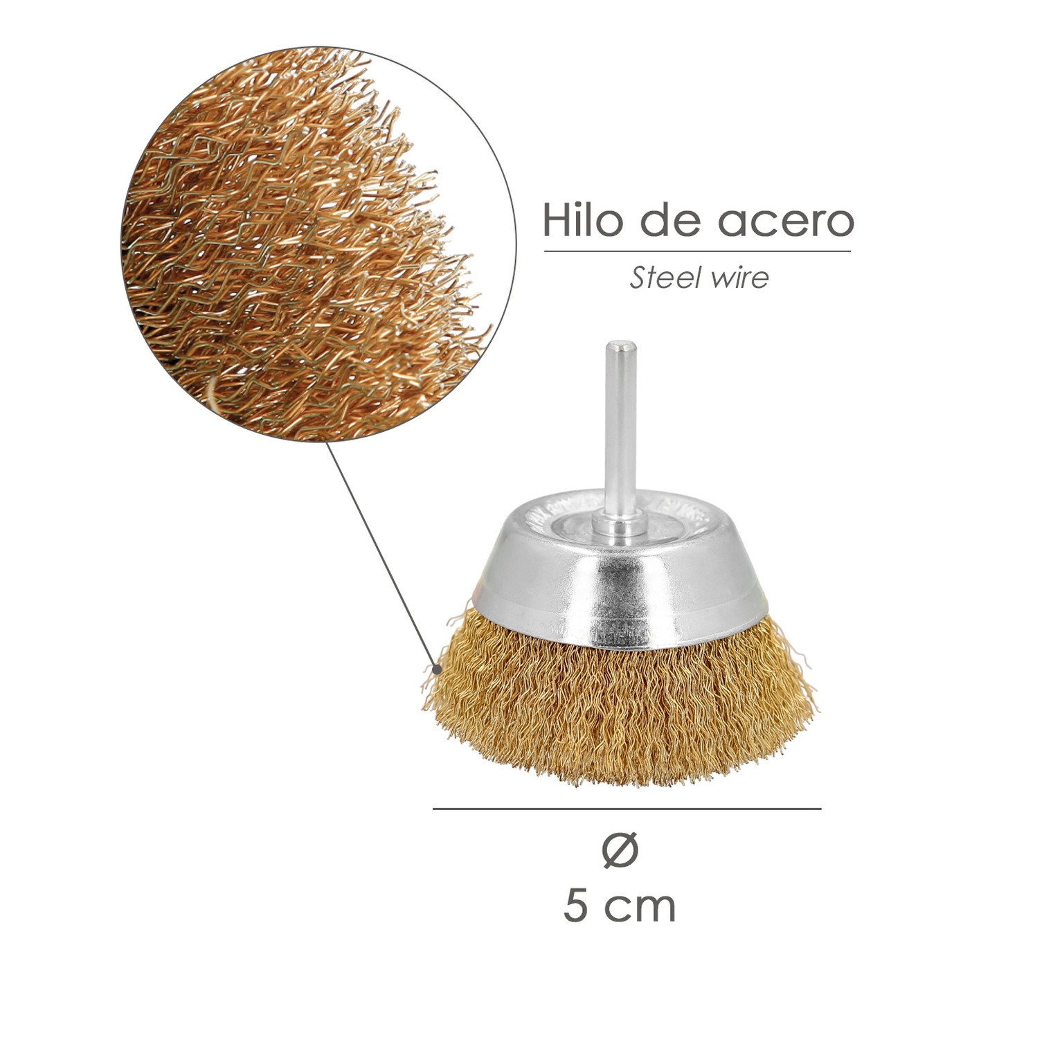 Cepillo Acero Latonado Para Taladro Taza Ø 50 mm. Espiga 1/4" Cepillo Taladro Alambre Latón, Cepillo Limpieza, Cepillo Pulir.