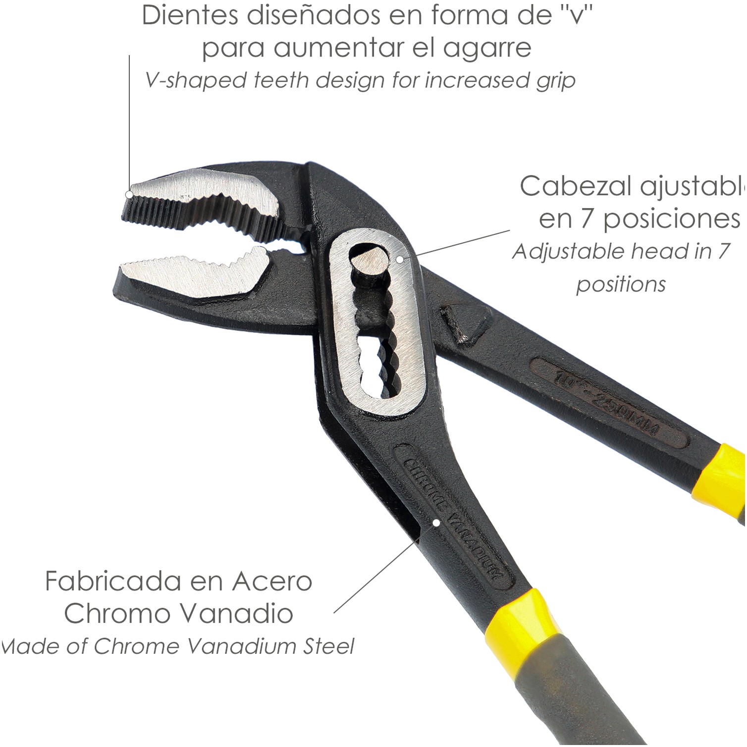 Tenazas Apertura Múltiple Negra 250 mm. Mangos Plastificados DIN 8976. Pico De Loro, Alicates Extensibles, Tenazas Fontanero
