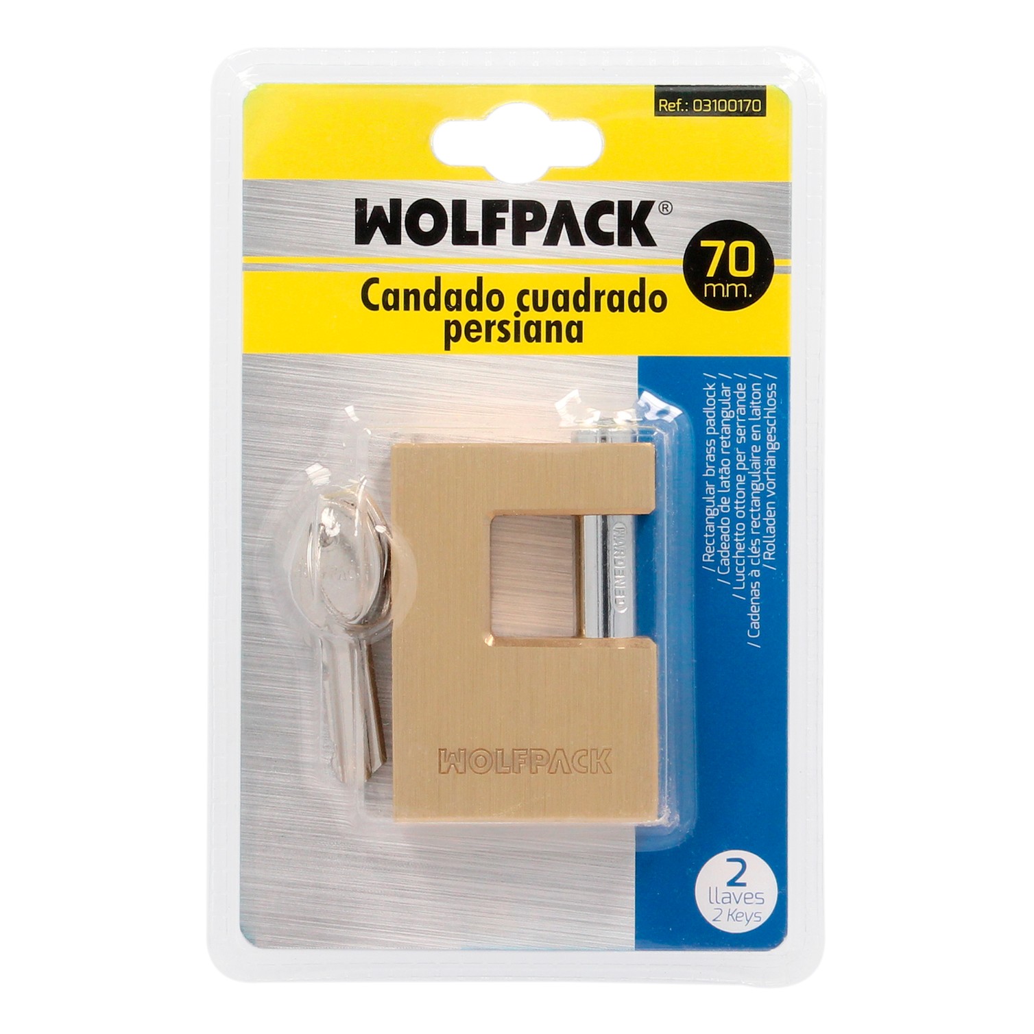 Candado Cuadrado Latón Persiana Ancho 70 mm. Alta Seguridad, Antirrobo Puertas, Contenedores, Trasteros, 2 Llaves