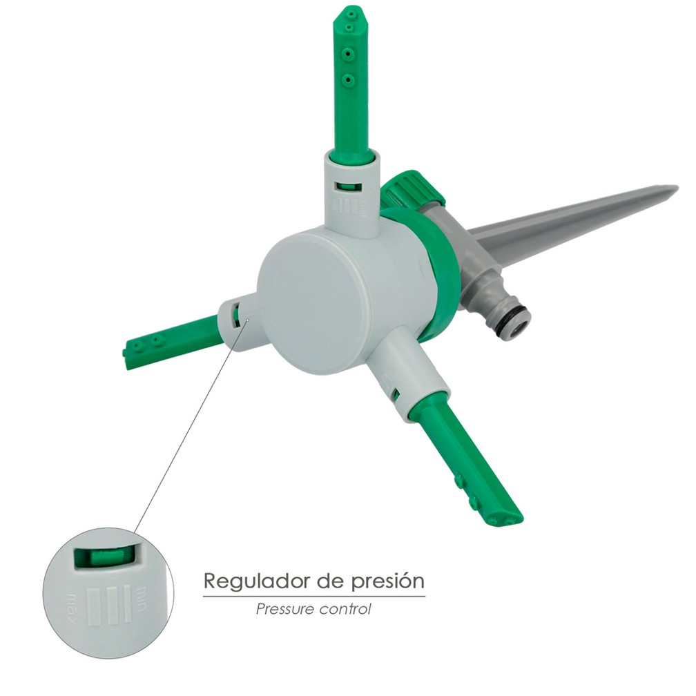 Aspersor Plástico 3 Brazos Con Pincho Con Regulador de Presión.