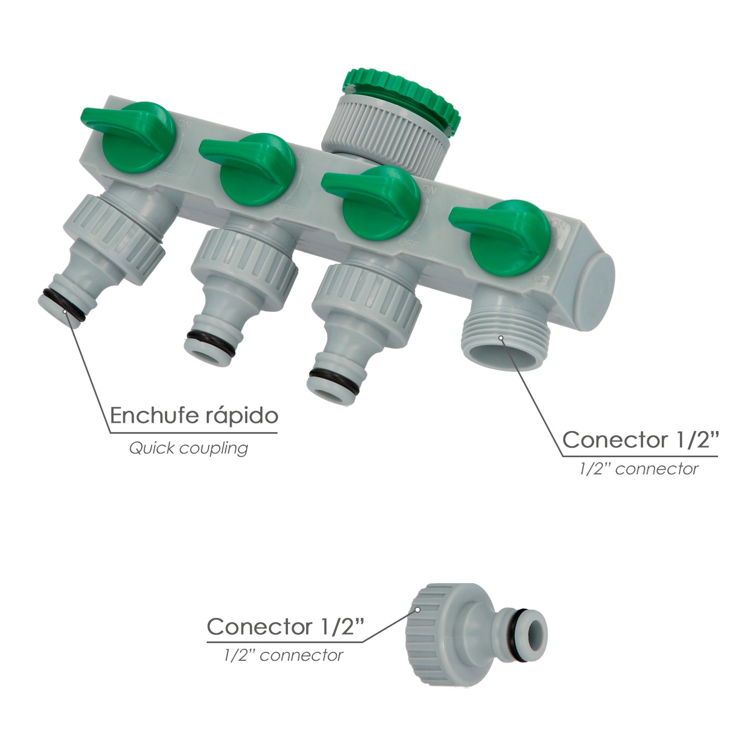 Adaptador Manguera Plastico 3/4" - 1" 4 Vias, Distribuidor 4 vias, Divisor Manguera, Ajuste Independiente, Tomas 1/2+Adaptador