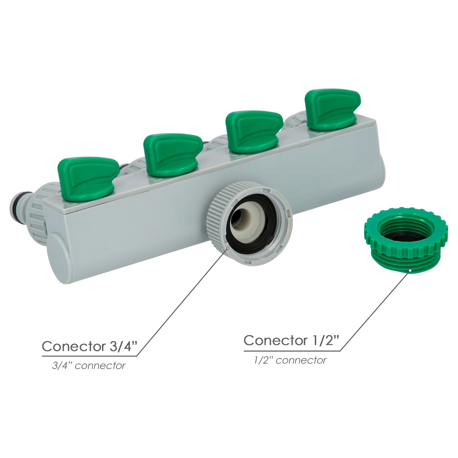 Adaptador Manguera Plastico 3/4" - 1" 4 Vias, Distribuidor 4 vias, Divisor Manguera, Ajuste Independiente, Tomas 1/2+Adaptador