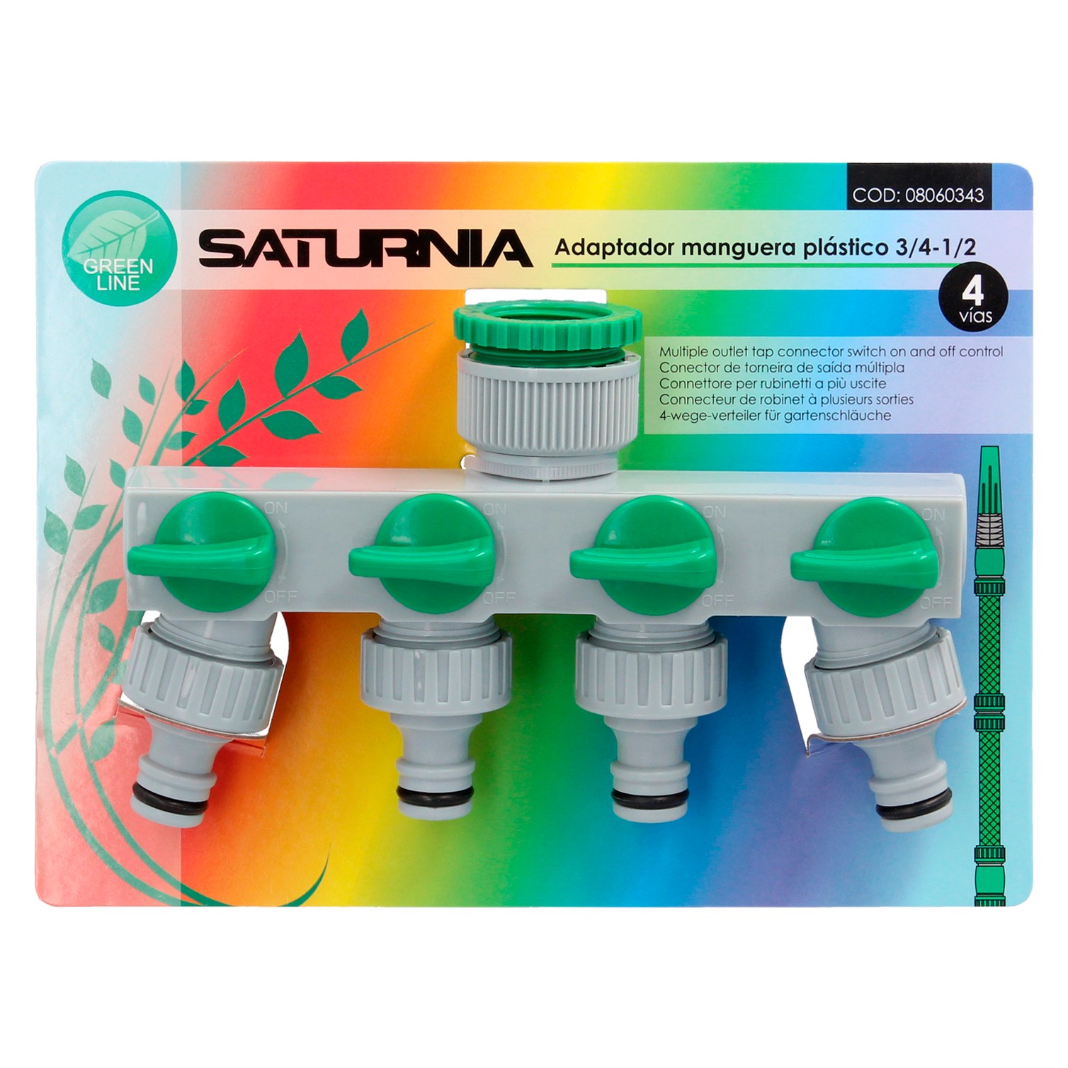 Adaptador Manguera Plastico 3/4" - 1" 4 Vias, Distribuidor 4 vias, Divisor Manguera, Ajuste Independiente, Tomas 1/2+Adaptador