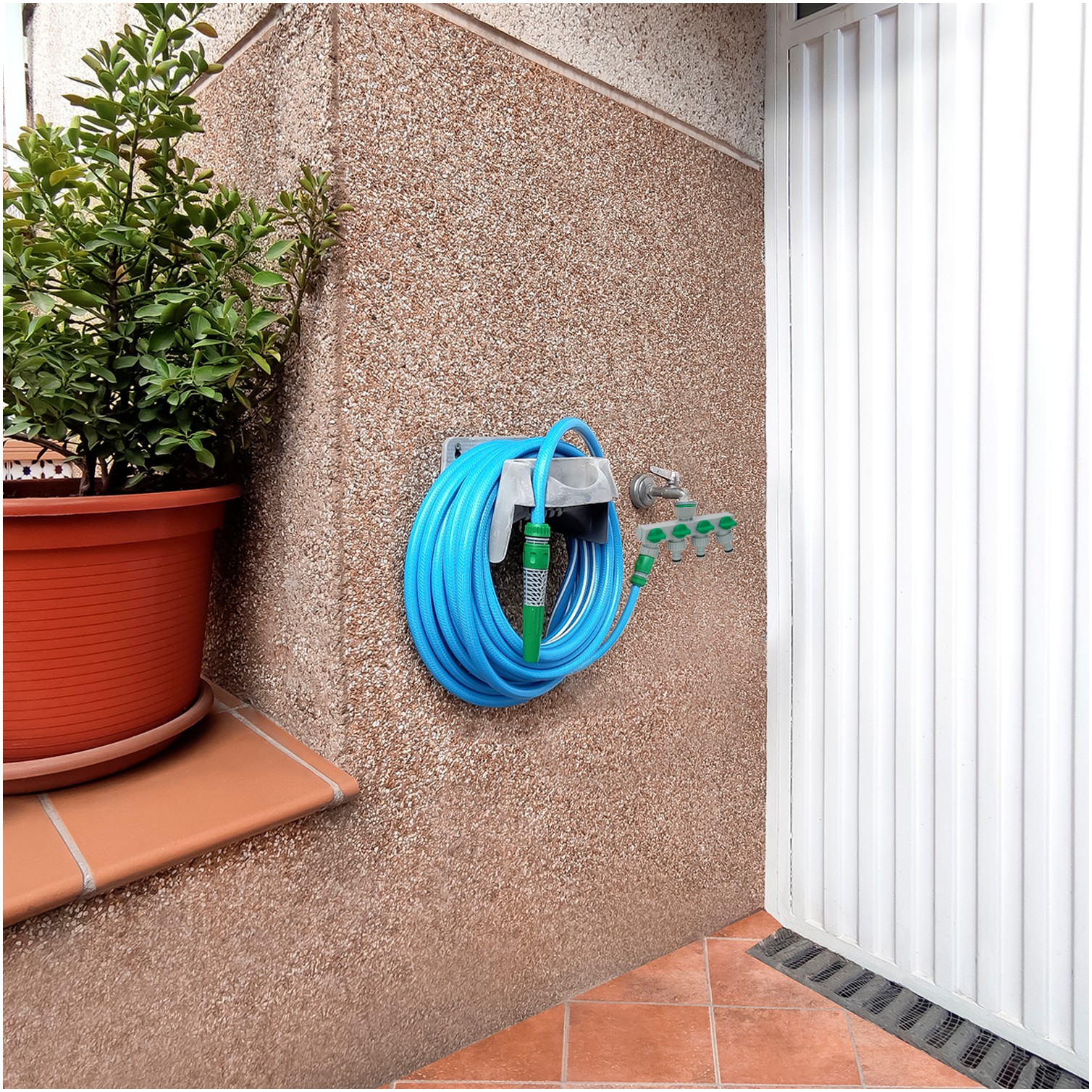 Adaptador Manguera Plastico 3/4" - 1" 4 Vias, Distribuidor 4 vias, Divisor Manguera, Ajuste Independiente, Tomas 1/2+Adaptador