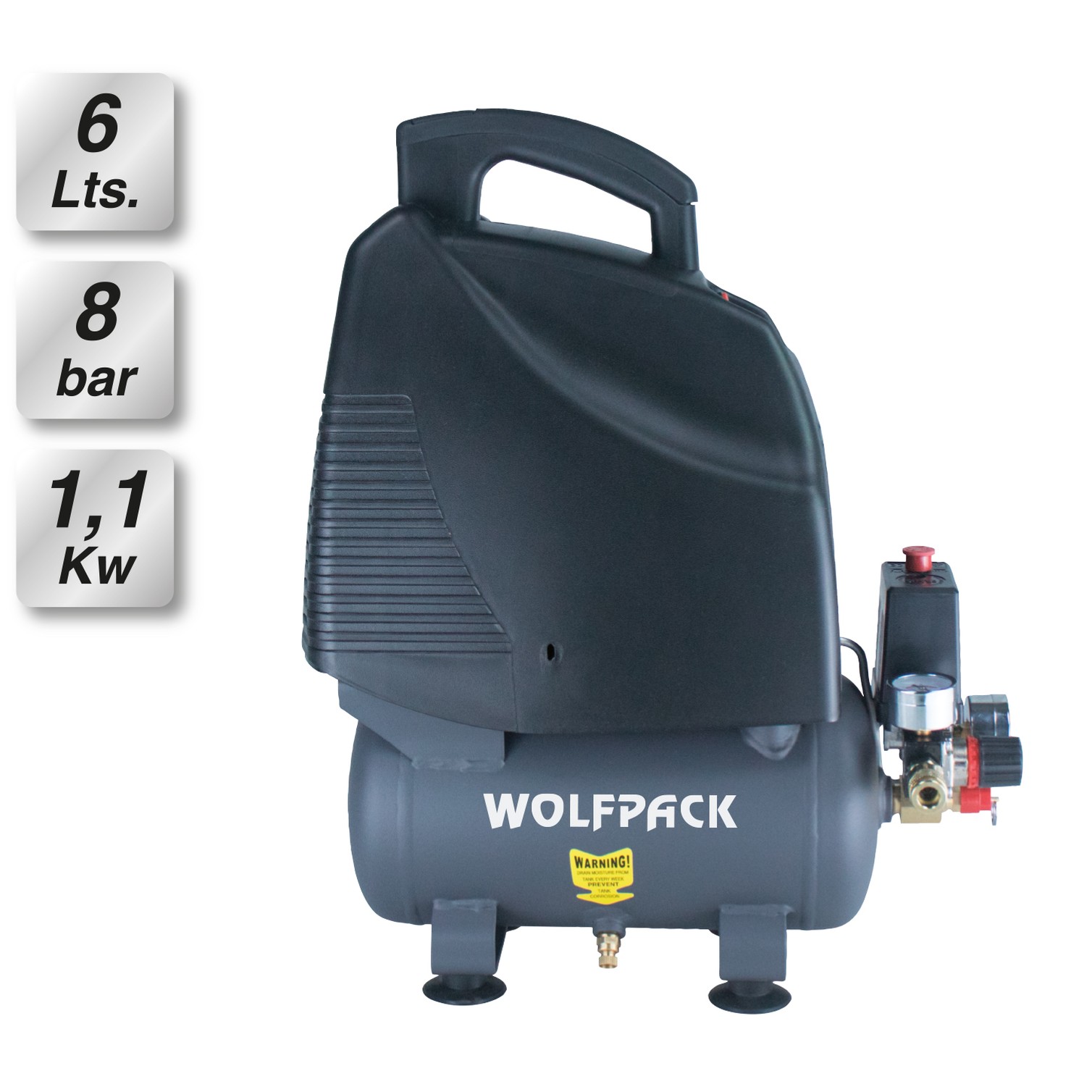 Compresor Aire 6 Litros / 8 Bares / 1,1 Kw - 1,5 HP Sin Aceite