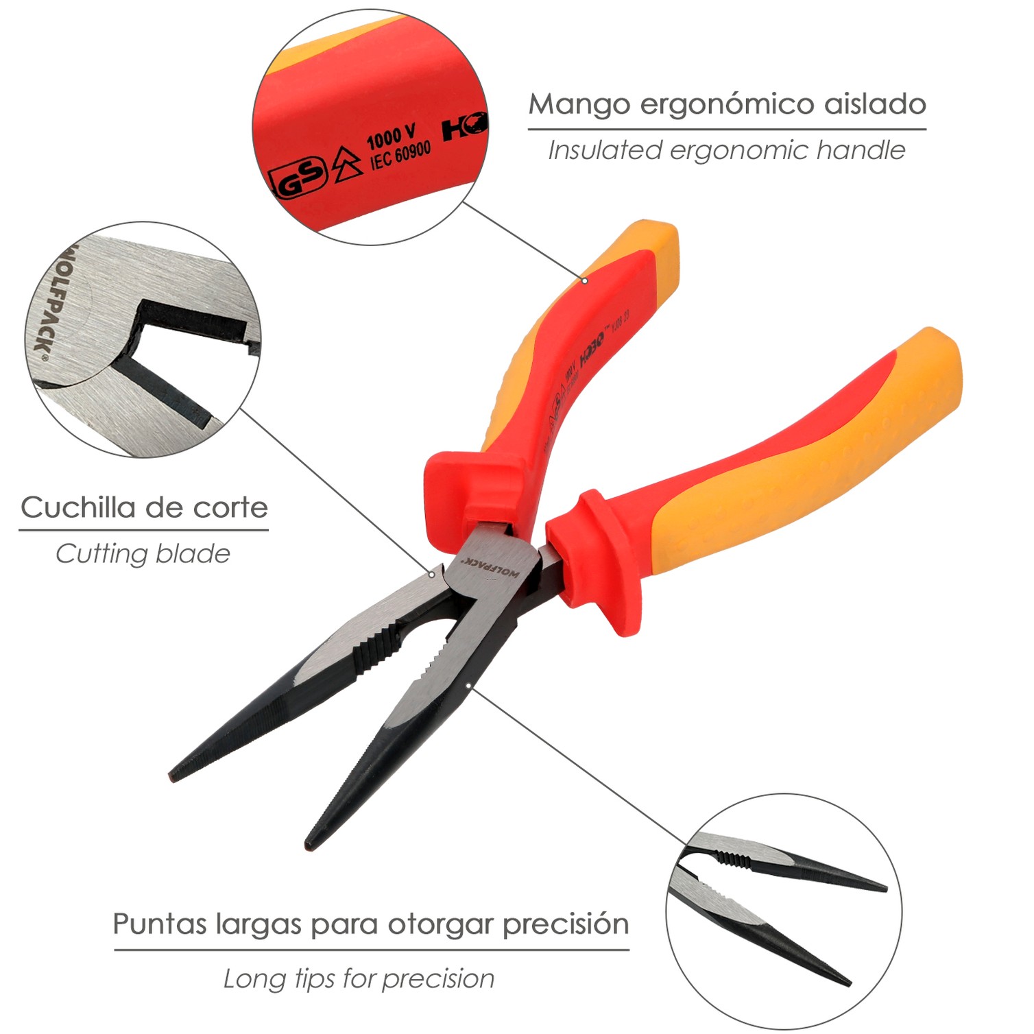 Alicates Boca Recta 200 mm. Mangos Aislados Acero Cromo Vanadio Pelacables, Corta Cables, Pelador Cables
