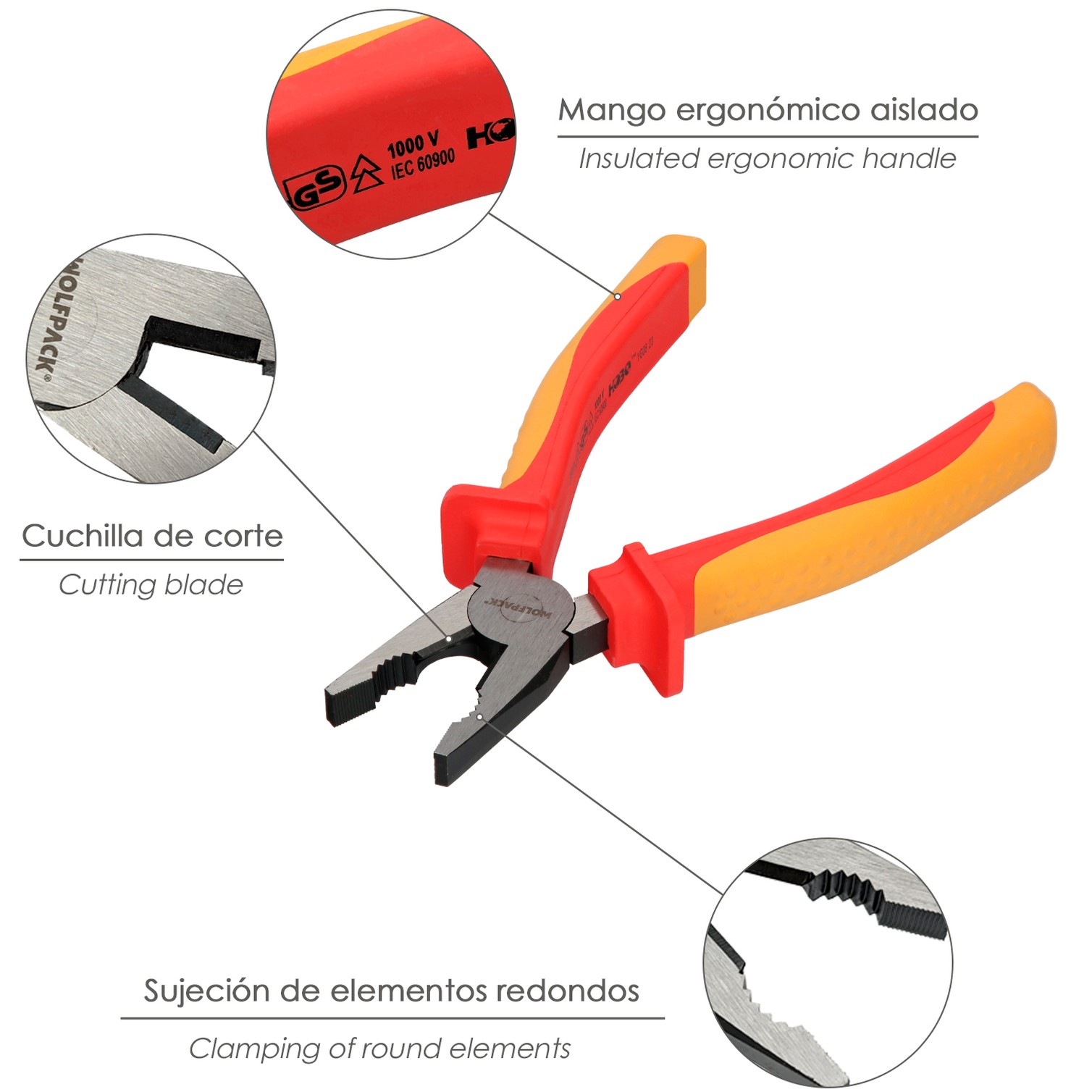 Alicates Universales 200 mm. Mangos Aislados Acero Cromo Vanadio Pelacables, Corta Cables, Pelador Cables