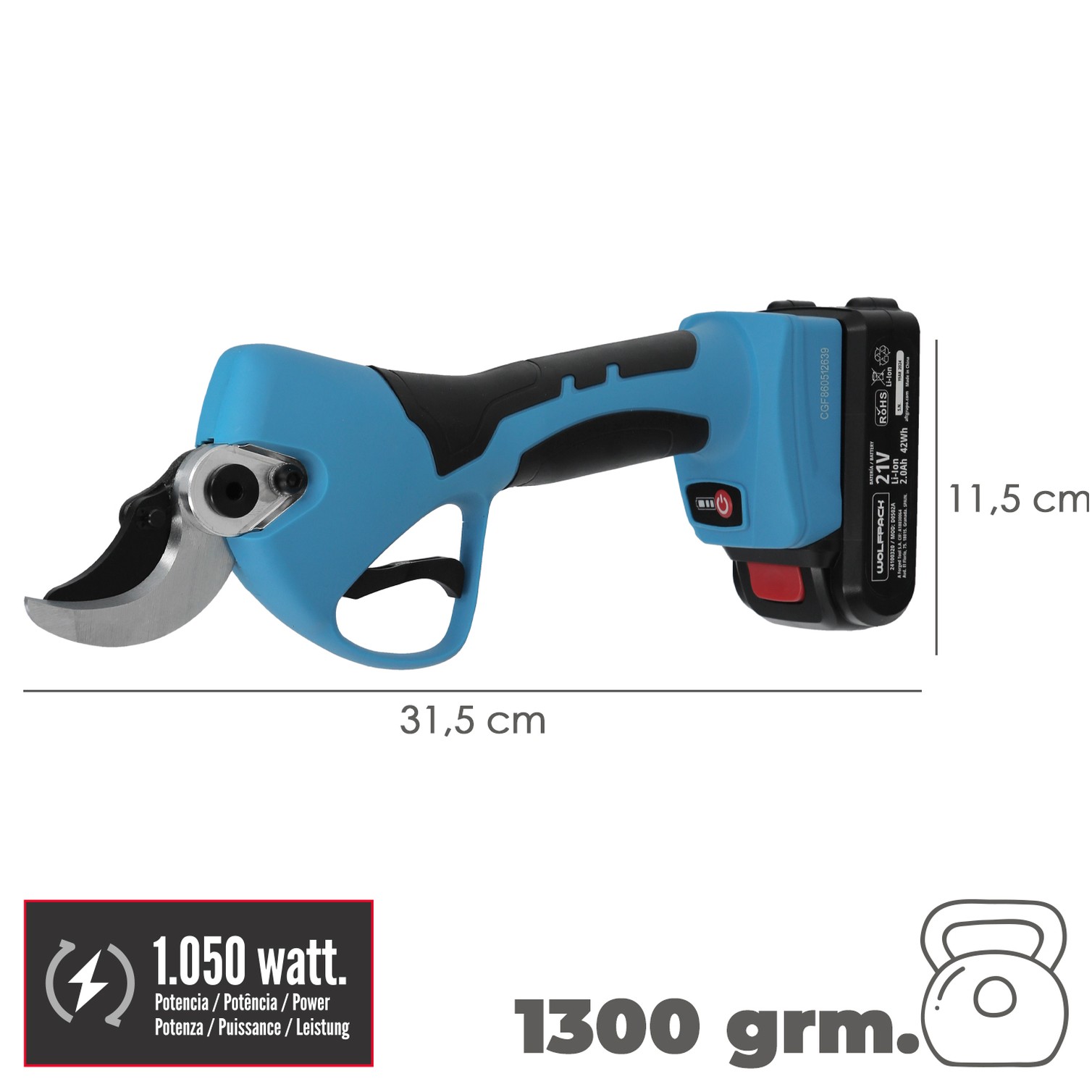 Tijeras Podar A Bateria 21 Volt. Con 2 Baterias 2 A/h Mango Engomado, Ø Corte 40 mm.Con Maletín