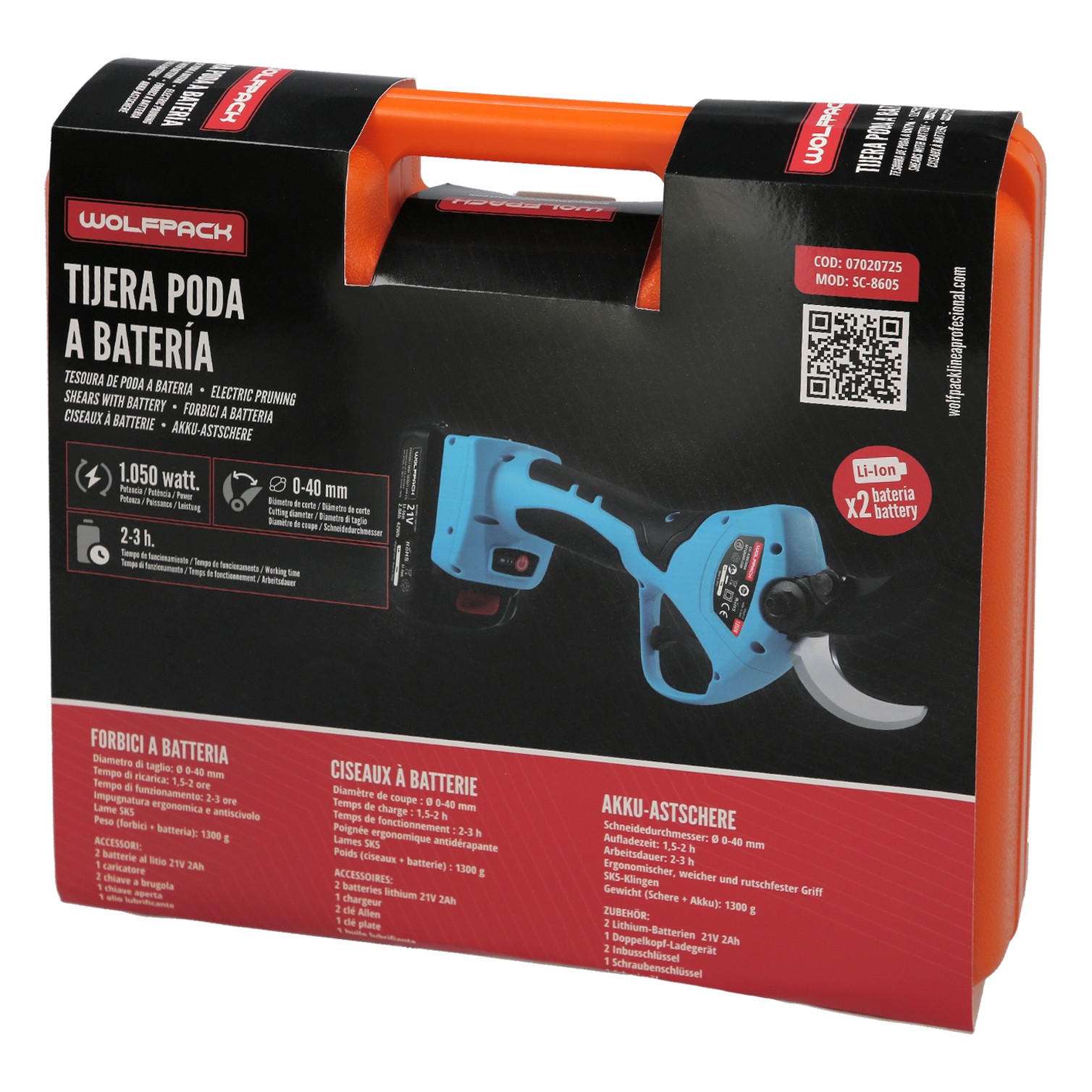 Tijeras Podar A Bateria 21 Volt. Con 2 Baterias 2 A/h Mango Engomado, Ø Corte 40 mm.Con Maletín