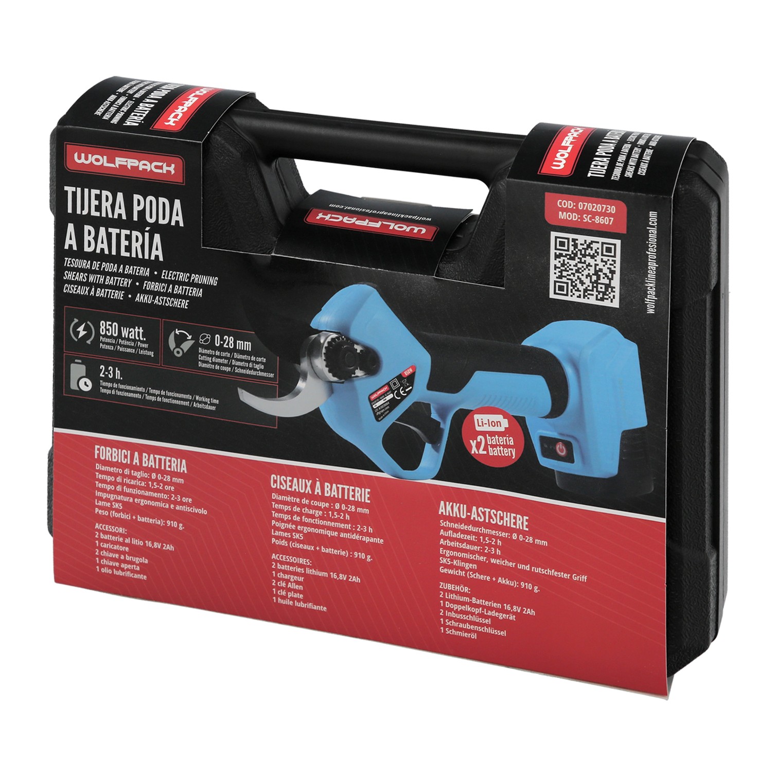 Tijeras Podar A Bateria 16,8 Volt. Con 2 Baterias 2 A/h. Mango Engomado, Ø Corte 40 mm. Con Maletín
