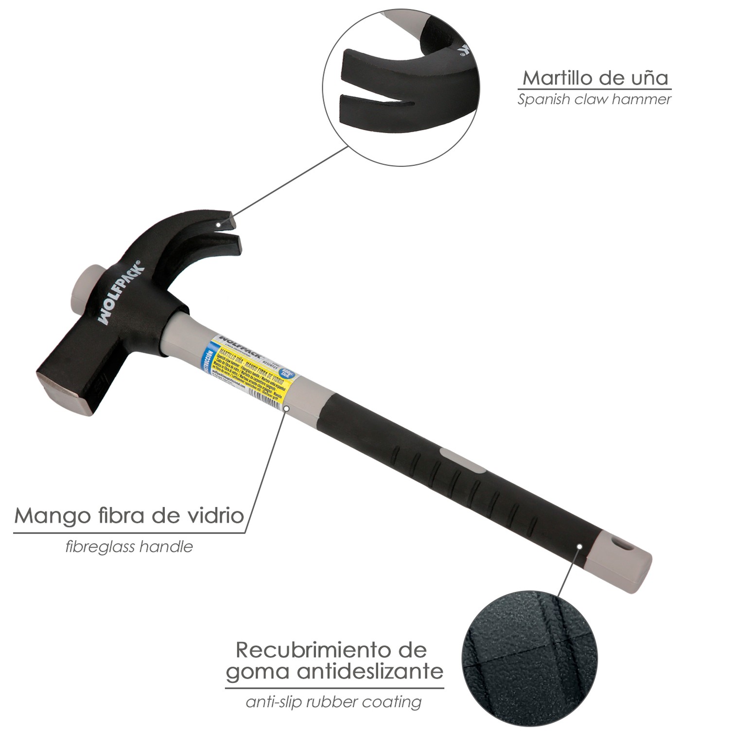 Martillo Uña Mango Fibra Vidrio Mango Fibra Vidrio Con Empuñadura Antideslizante. 600 Gramos 33 cm.