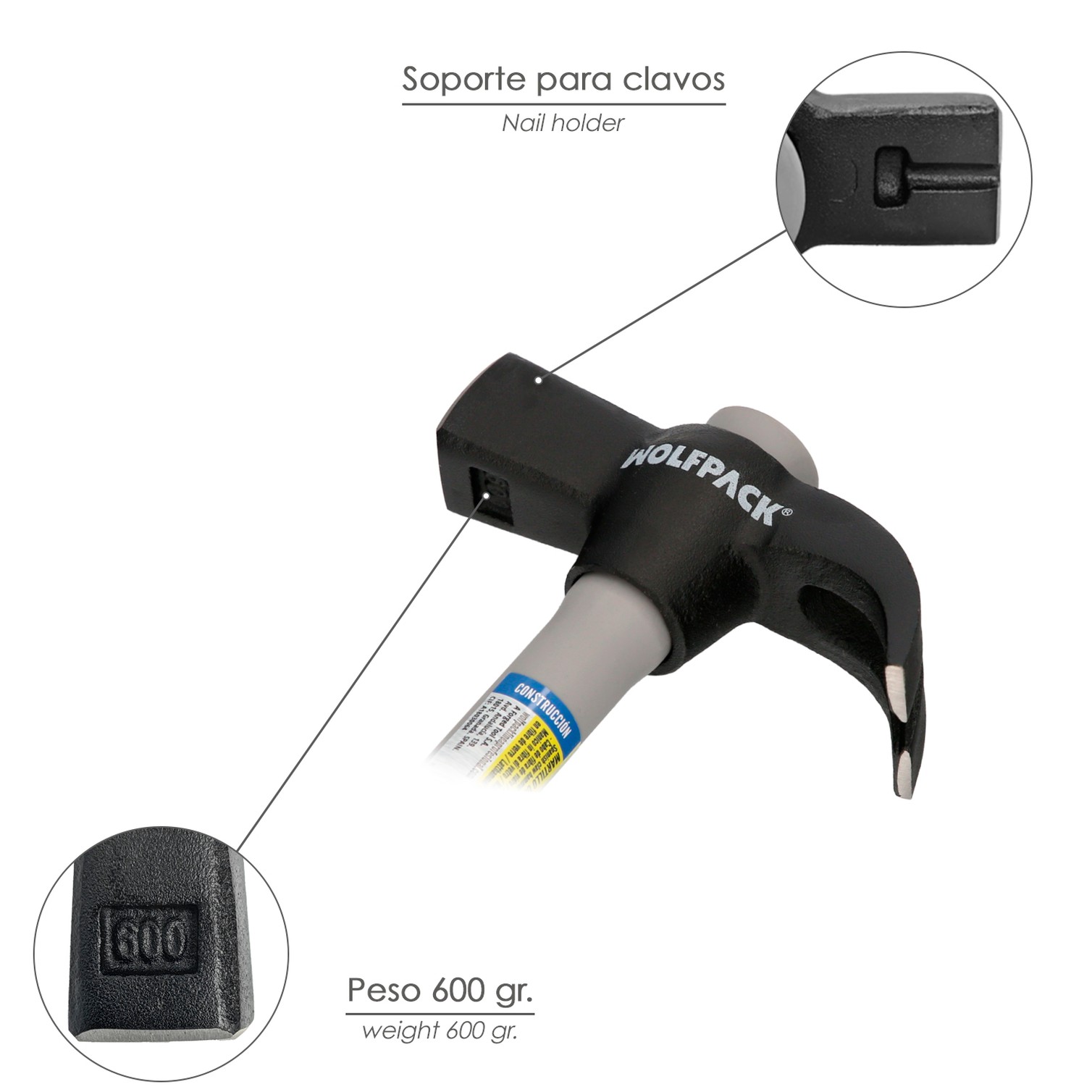 Martillo Uña Mango Fibra Vidrio Mango Fibra Vidrio Con Empuñadura Antideslizante. 600 Gramos 33 cm.