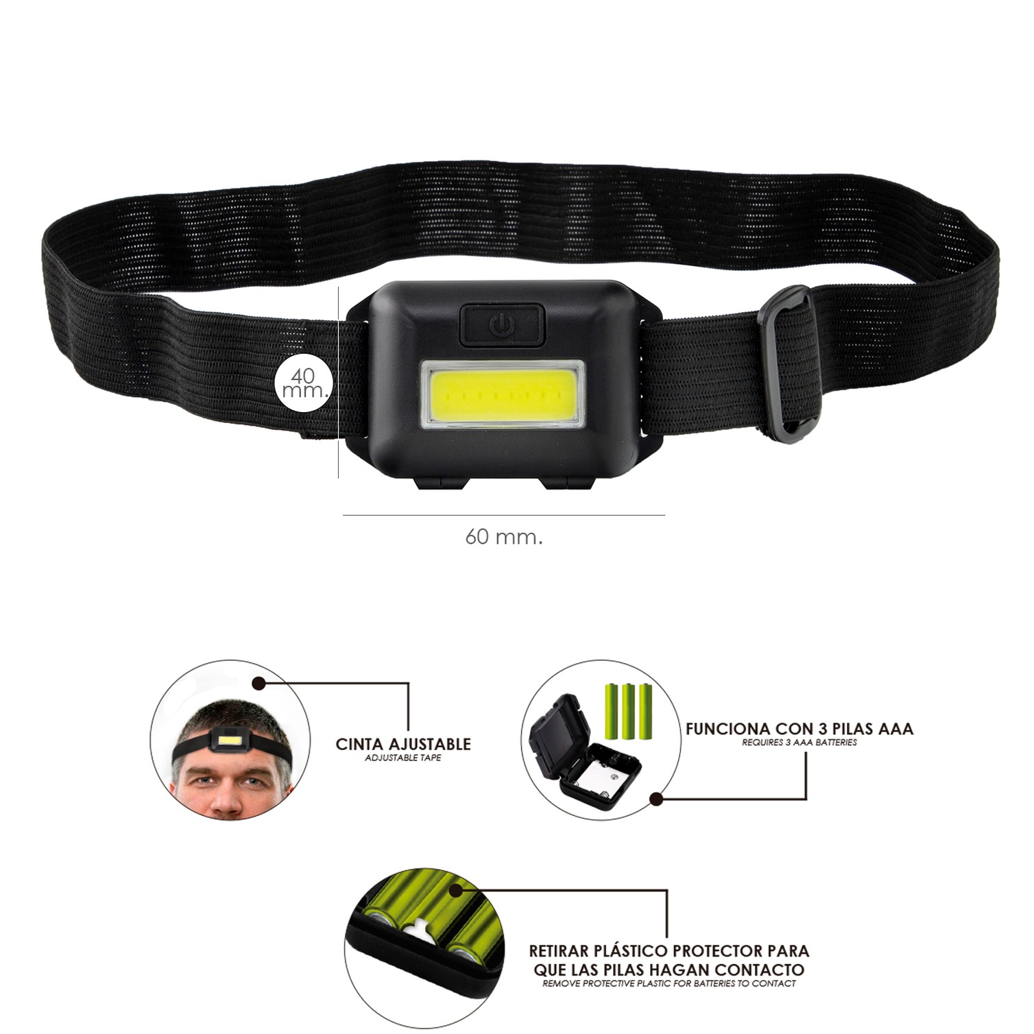 Linterna Led Frontal Cabeza Ajustable 120 Lumenes, 3 Modos, Cinta Ajustable, 3 Baterias AAA Incluidas