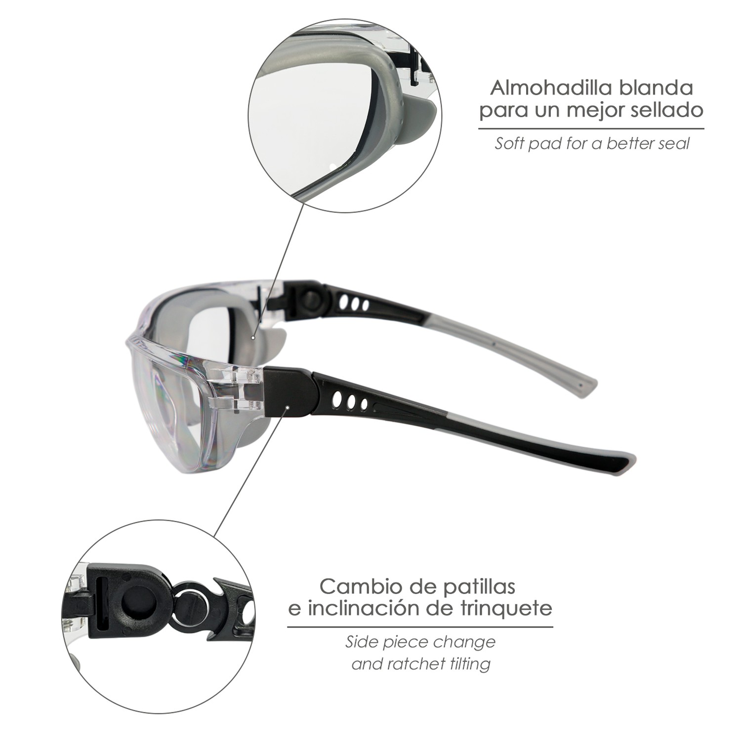 Gafas de Seguridad Acolchadas Cristales Transparentes Con Patillas o Goma Elastica. Patillas Engomadas EN/166