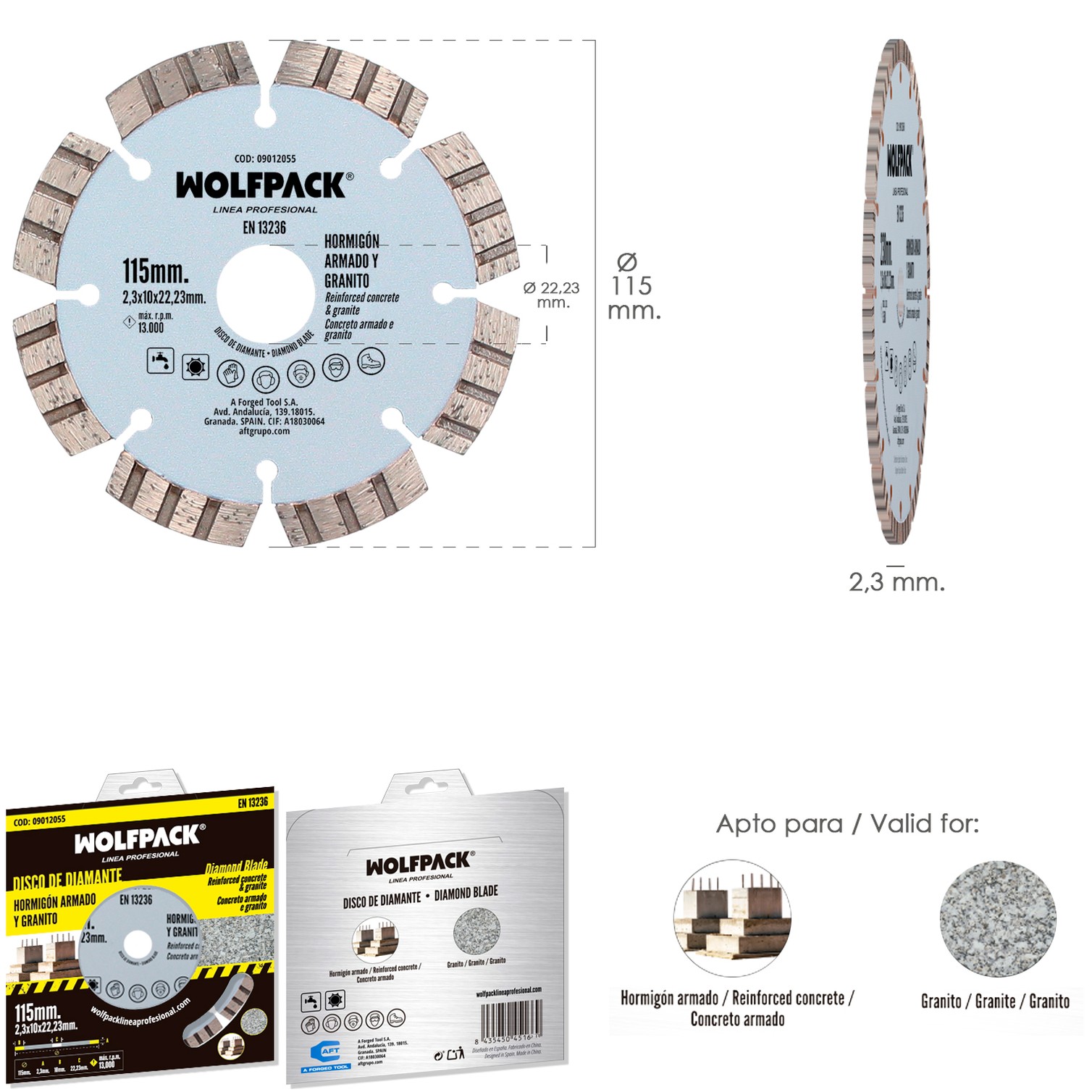 Disco Diamante Hormigon Armado / Granito Ø 115 mm. Segmento Diamantado 10 mm.