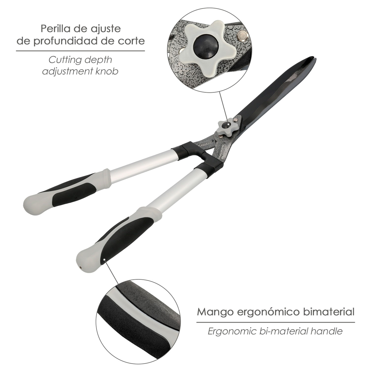 Tijeras Podar Setos 2 Manos Aluminio 63 cm. Hojas Acero Antiadherente, Mango TPR, Ajuste Corte