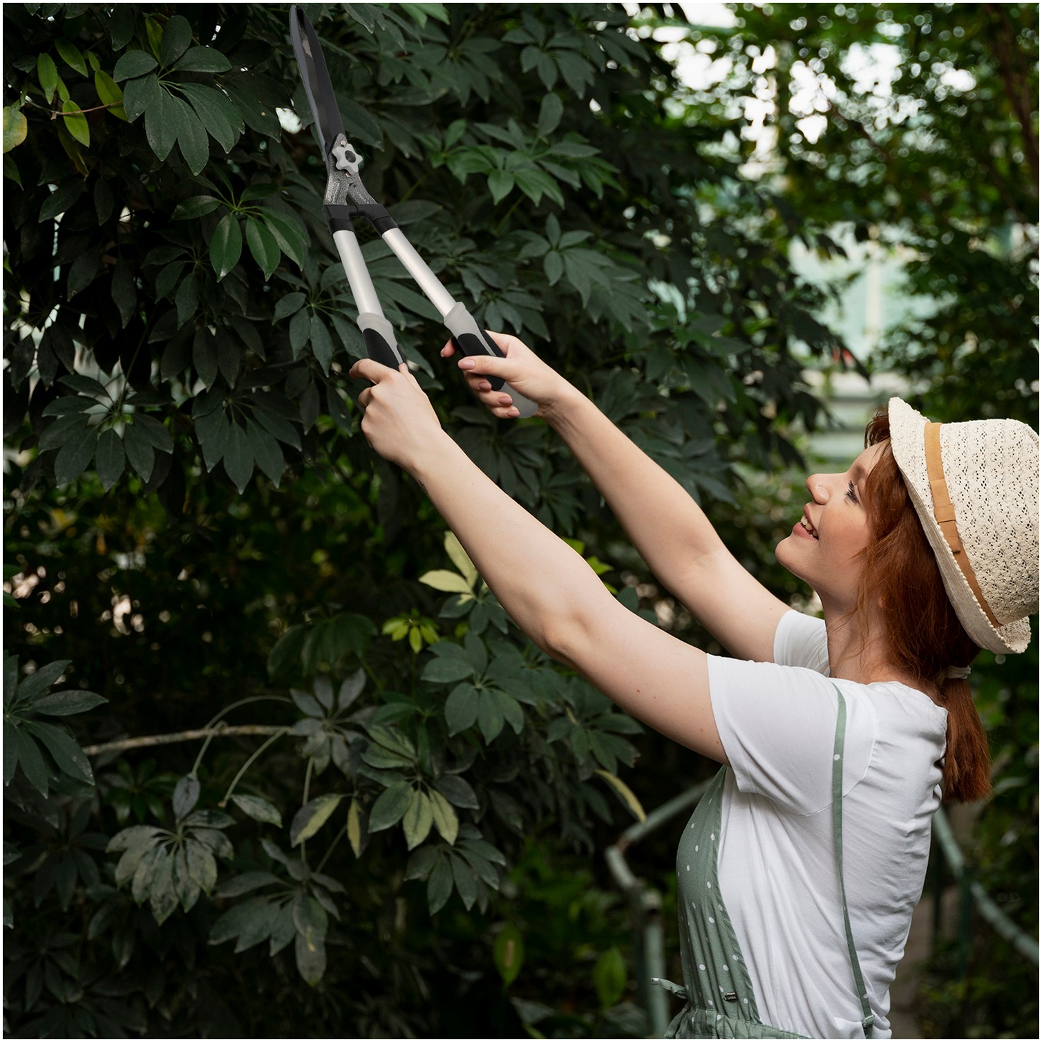 Tijeras Podar Setos 2 Manos Aluminio 63 cm. Hojas Acero Antiadherente, Mango TPR, Ajuste Corte