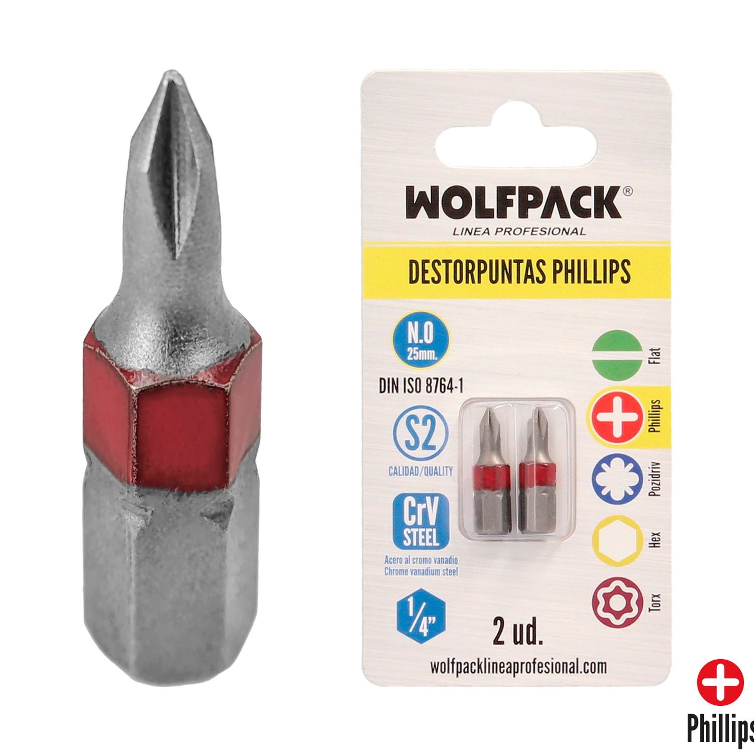 Puntas Largas Destornillador Phillips Nº 0 (2 Piezas). Acero S2 al Cromo Vanadio. Puntas Hexagonales, Destorpuntas,