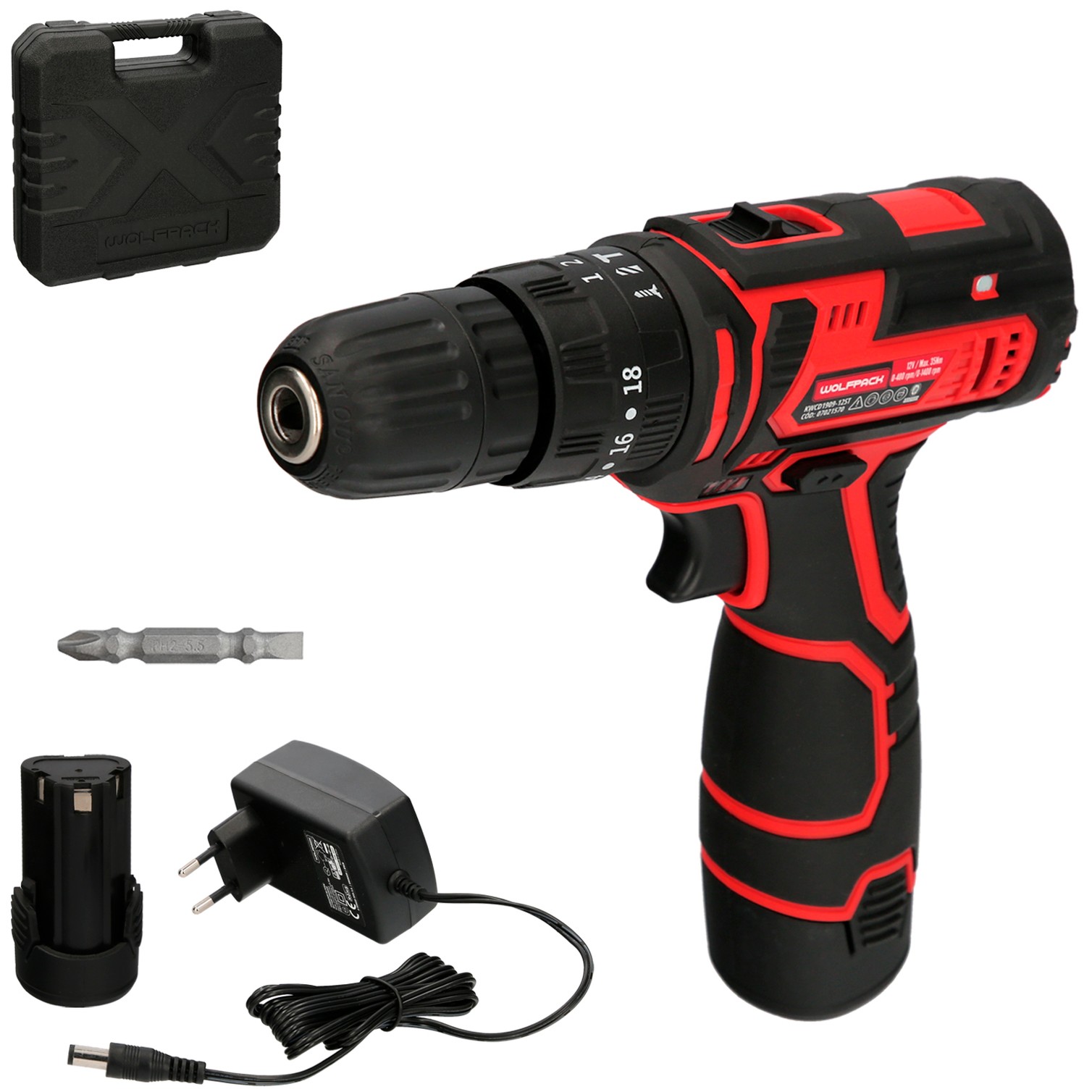 Taladro Atornillador 12 V. Con 2 Velocidades y Percutor. Bateria 1.300 mAh. Par Apriete 35 Nm.