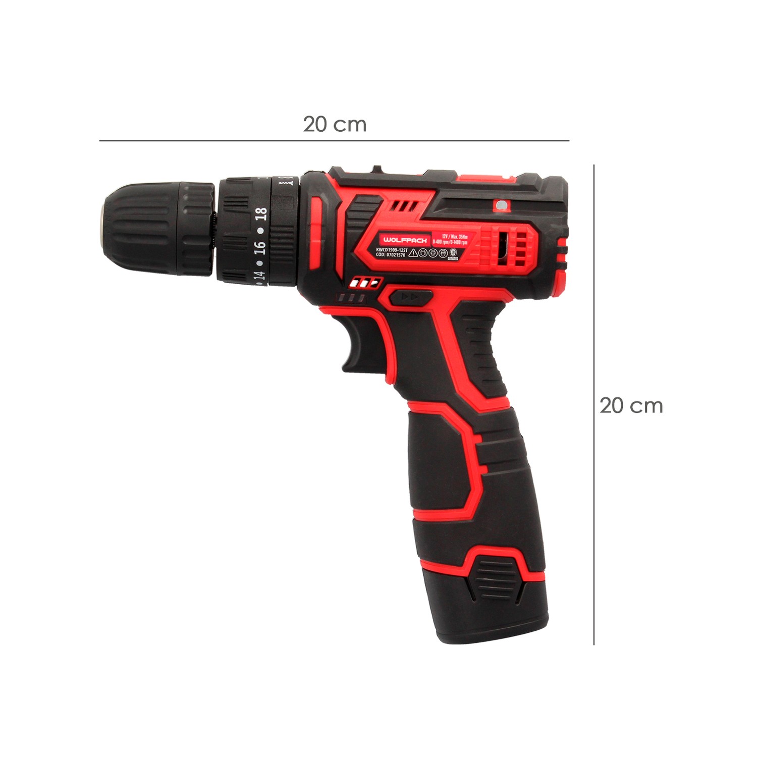 Taladro Atornillador 12 V. Con 2 Velocidades y Percutor. Bateria 1.300 mAh. Par Apriete 35 Nm.