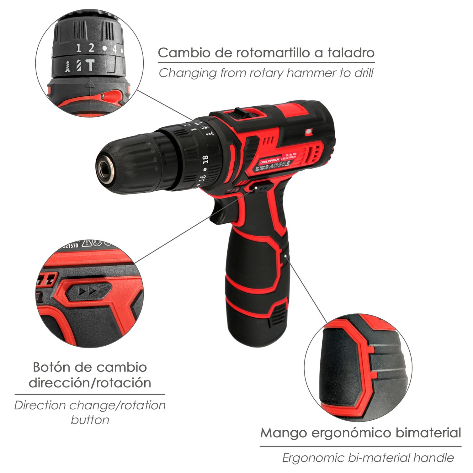 Taladro Atornillador 12 V. Con 2 Velocidades y Percutor. Bateria 1.300 mAh. Par Apriete 35 Nm.
