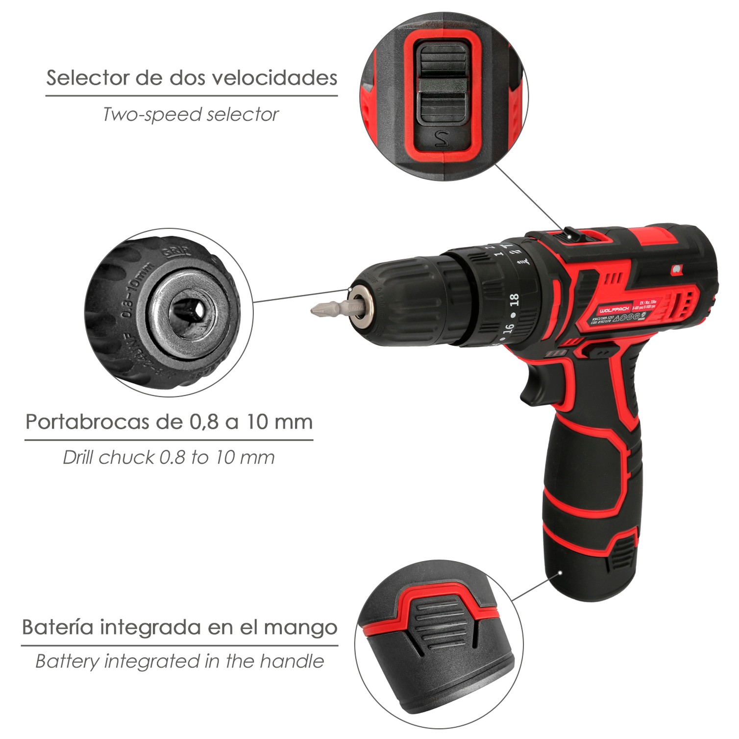 Taladro Atornillador 12 V. Con 2 Velocidades y Percutor. Bateria 1.300 mAh. Par Apriete 35 Nm.