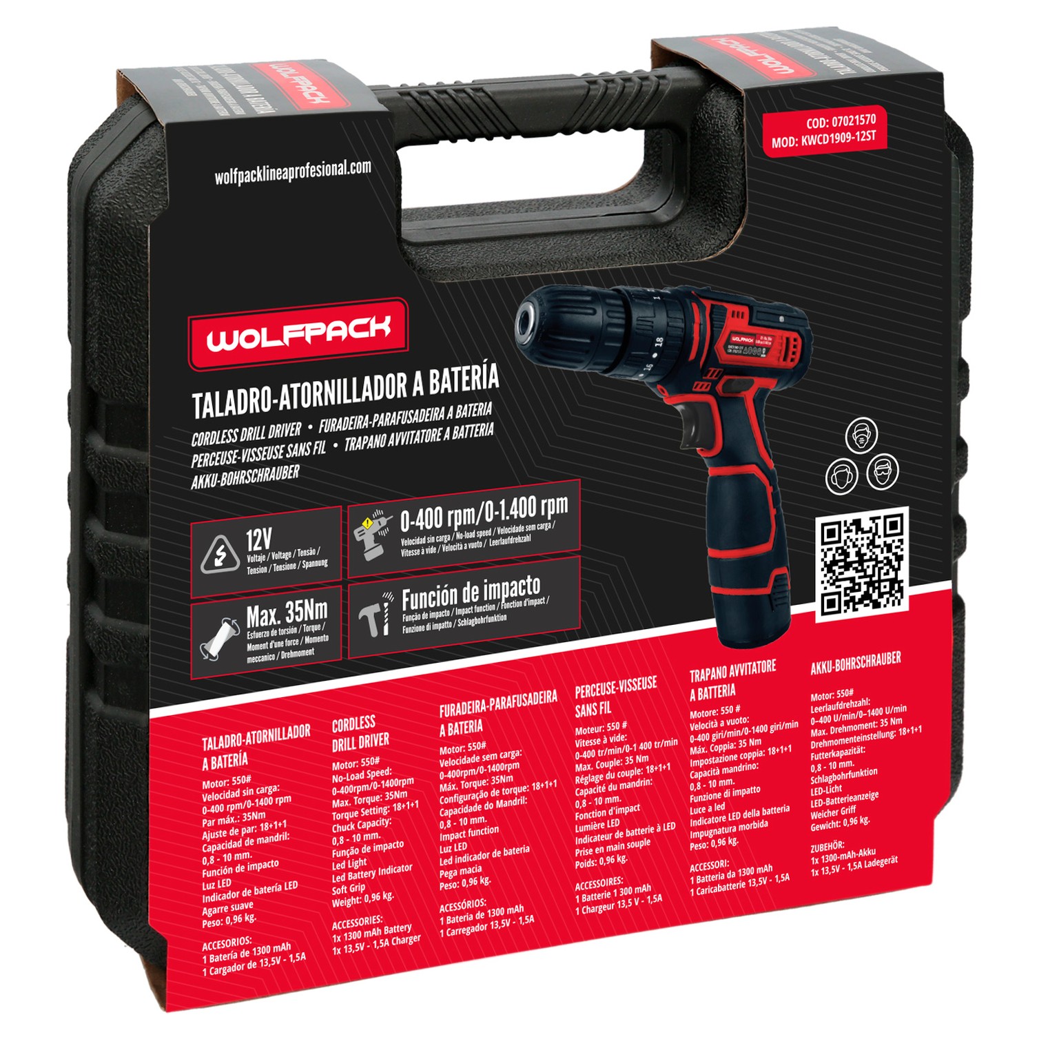 Taladro Atornillador 12 V. Con 2 Velocidades y Percutor. Bateria 1.300 mAh. Par Apriete 35 Nm.