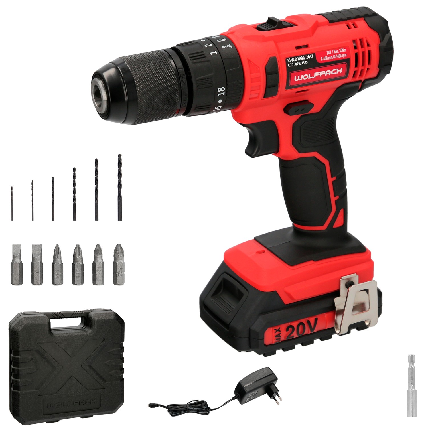 Taladro Atornillador 20 V. Con 2 Velocidades y Percutor. Bateria 2 Ah. Par Apriete 35 Nm.