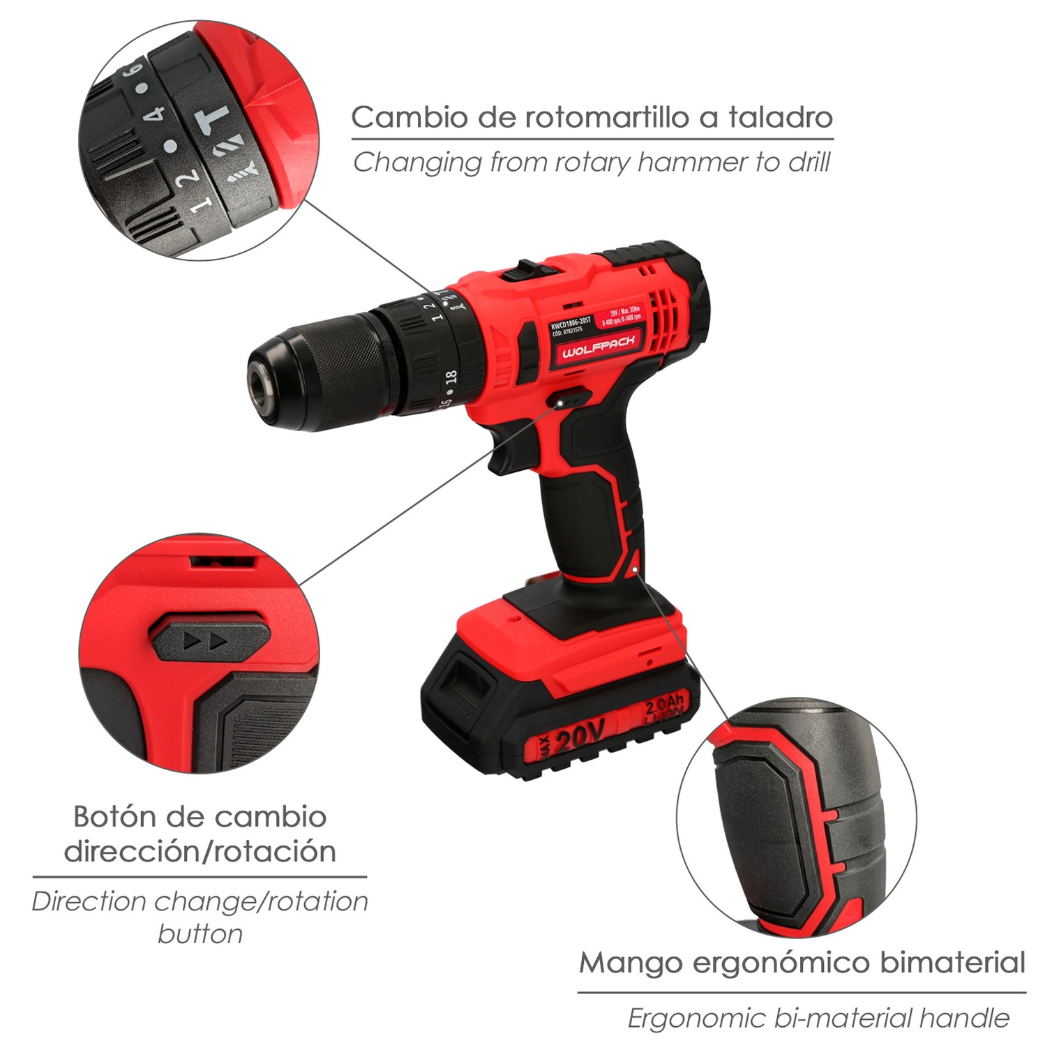 Taladro Atornillador 20 V. Con 2 Velocidades y Percutor. Bateria 2 Ah. Par Apriete 35 Nm.