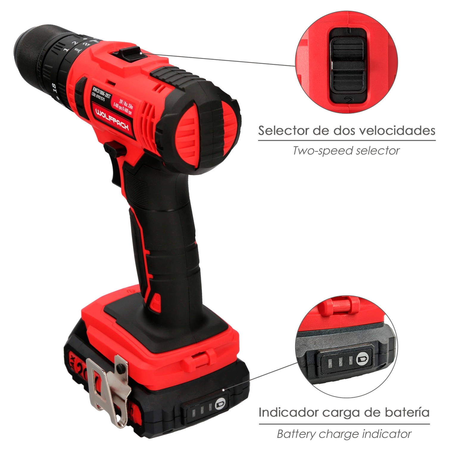 Taladro Atornillador 20 V. Con 2 Velocidades y Percutor. Bateria 2 Ah. Par Apriete 35 Nm.