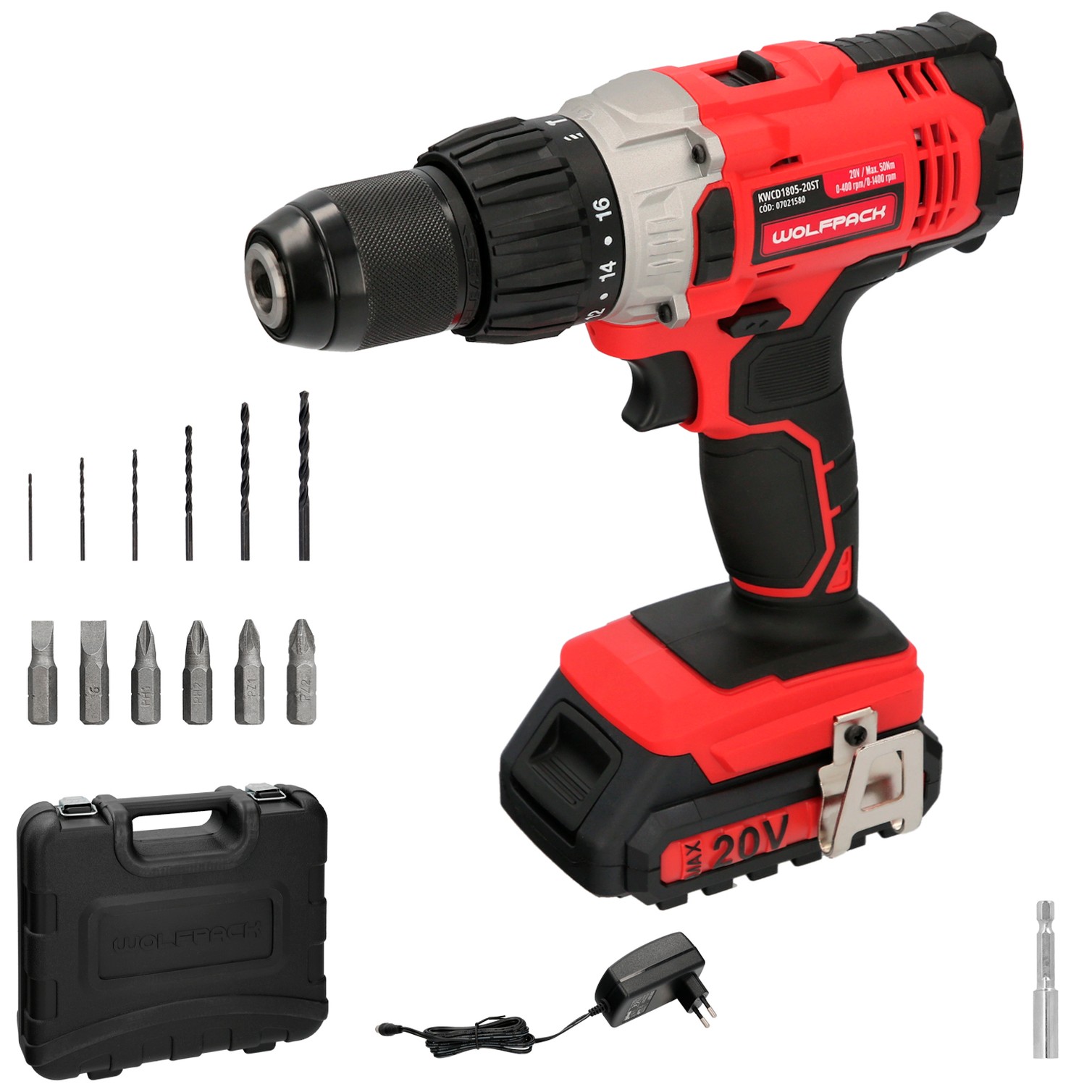 Taladro Atornillador 20 V. Con 2 Velocidades y Percutor. Bateria 2 Ah. Par Apriete 50 Nm.