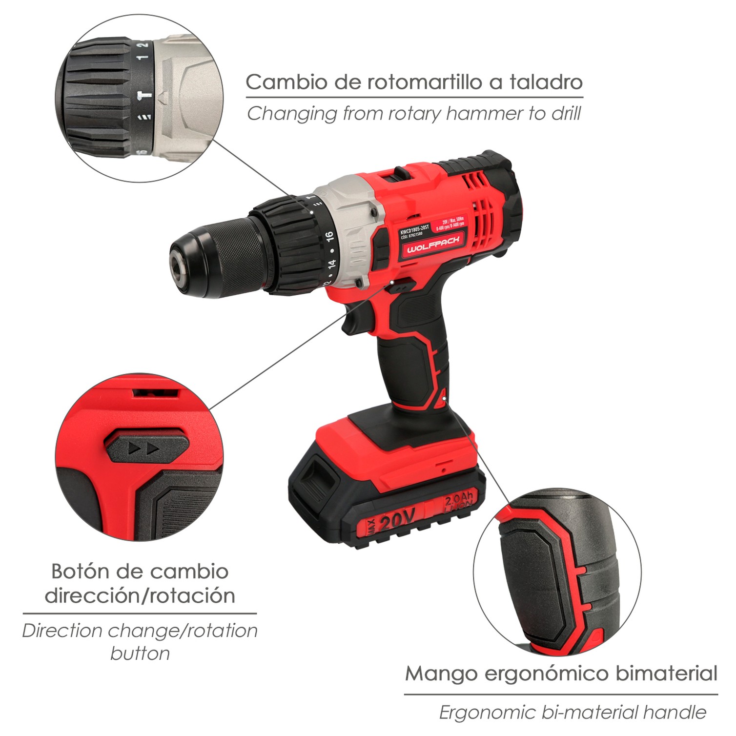 Taladro Atornillador 20 V. Con 2 Velocidades y Percutor. Bateria 2 Ah. Par Apriete 50 Nm.