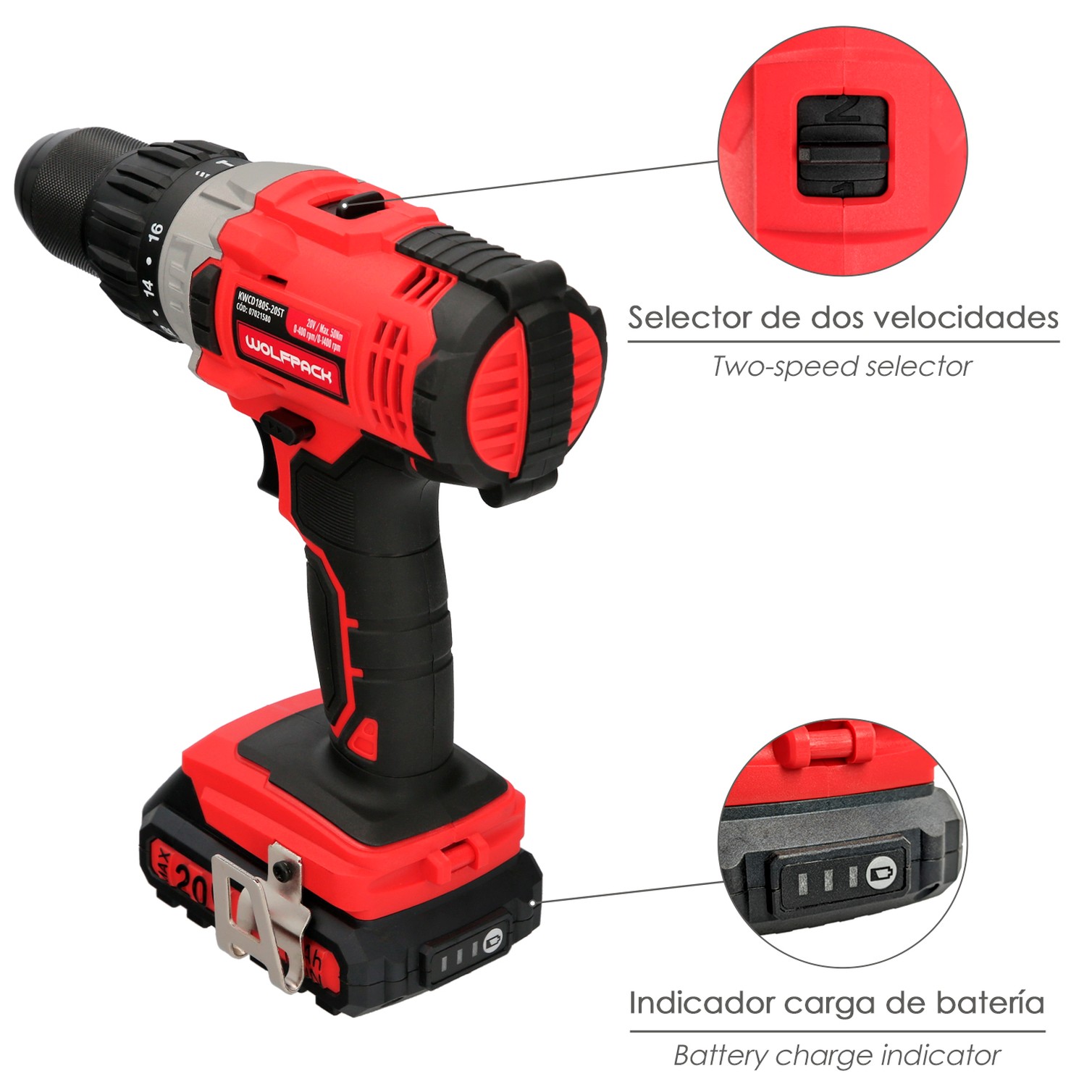 Taladro Atornillador 20 V. Con 2 Velocidades y Percutor. Bateria 2 Ah. Par Apriete 50 Nm.