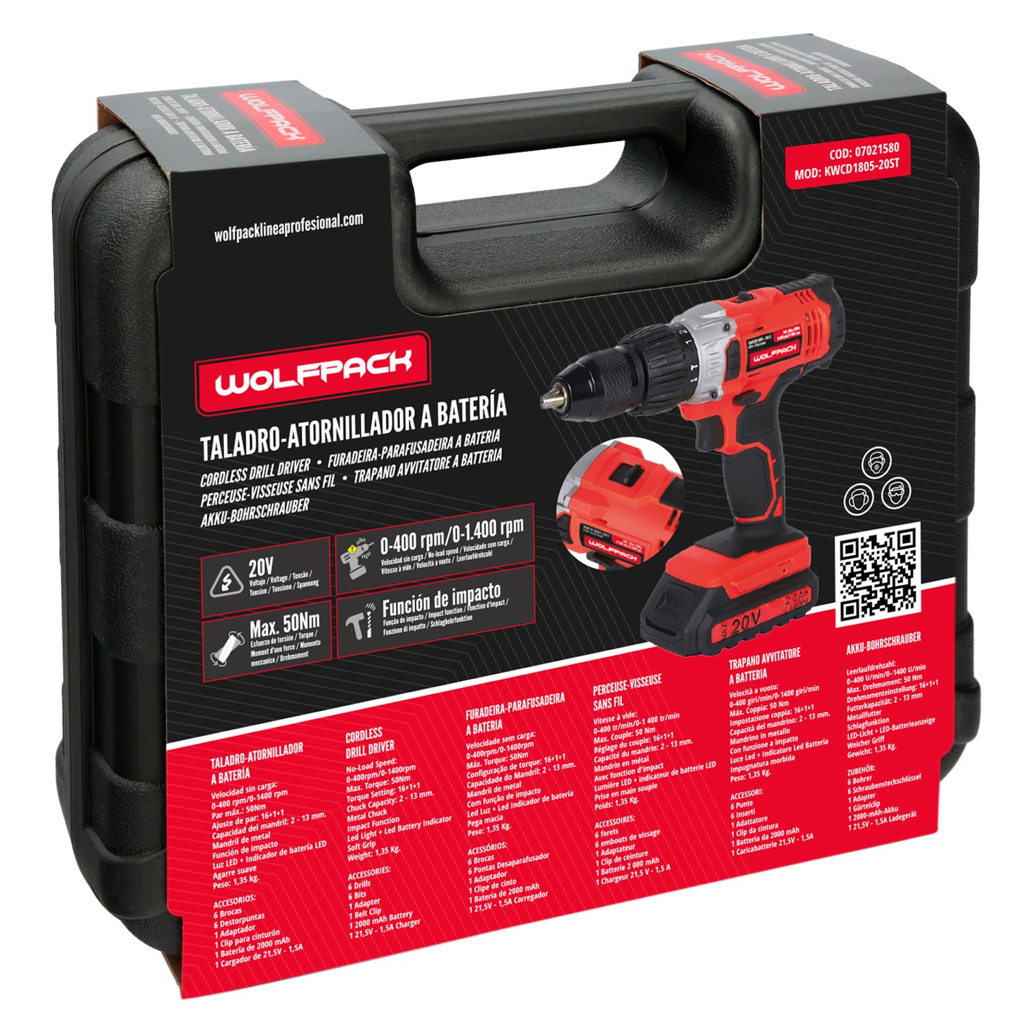 Taladro Atornillador 20 V. Con 2 Velocidades y Percutor. Bateria 2 Ah. Par Apriete 50 Nm.