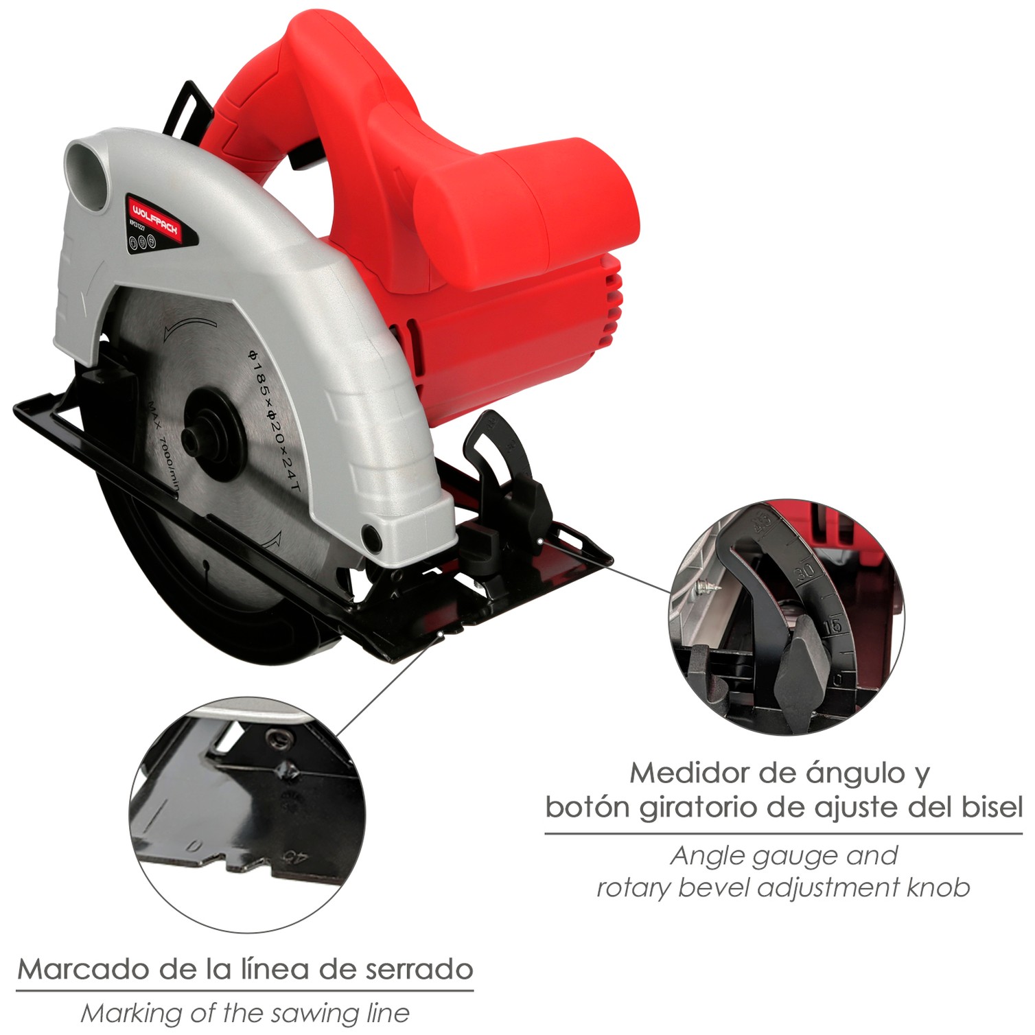 Sierra Circular 1300 Watt. Disco 185 mm. 4.800 RPM Corte a Inglete Con Regulador de Profundidad. Ingletadora, Sierra Madera.