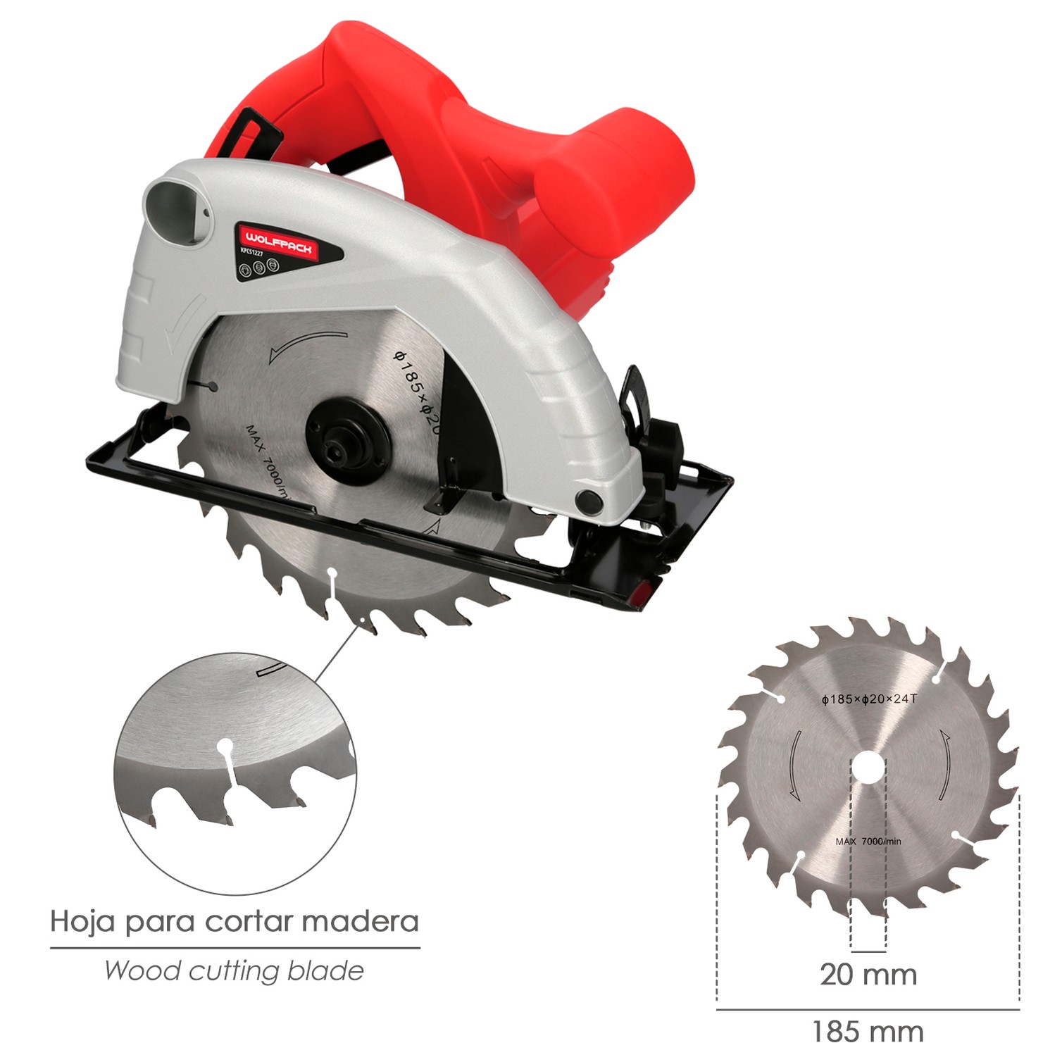 Sierra Circular 1300 Watt. Disco 185 mm. 4.800 RPM Corte a Inglete Con Regulador de Profundidad. Ingletadora, Sierra Madera.