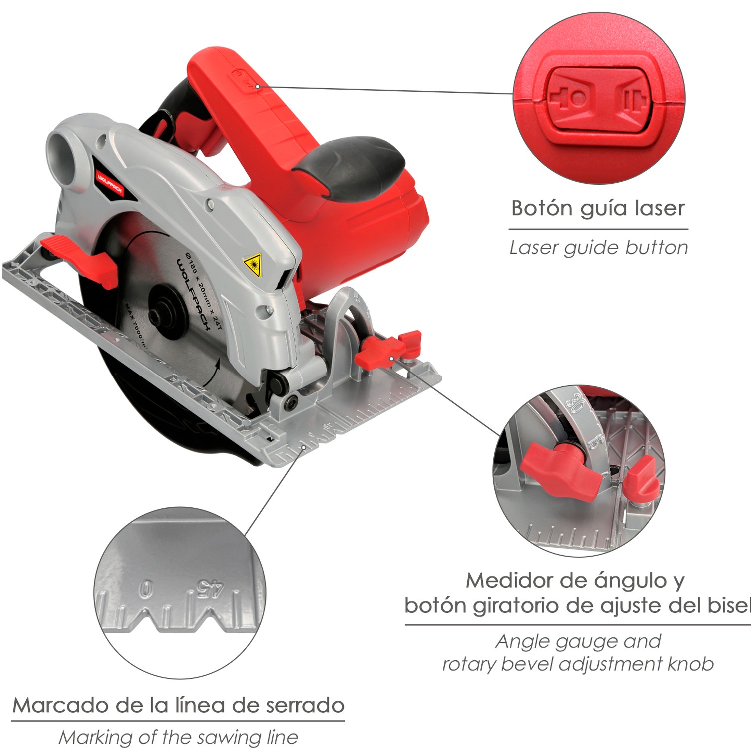 Sierra Circular 1300 Watt. Con Laser Disco 185 mm. 4.700 RPM Corte Inglete Regulador de Profundidad. Ingletadora, Sierra Madera