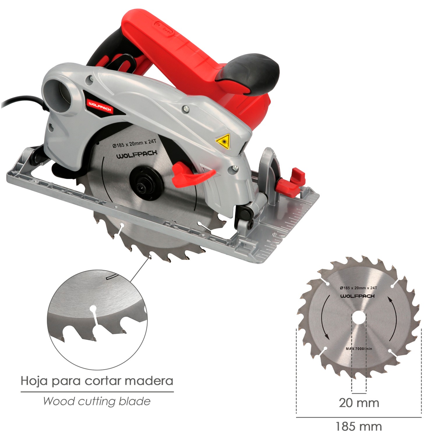 Sierra Circular 1300 Watt. Con Laser Disco 185 mm. 4.700 RPM Corte Inglete Regulador de Profundidad. Ingletadora, Sierra Madera