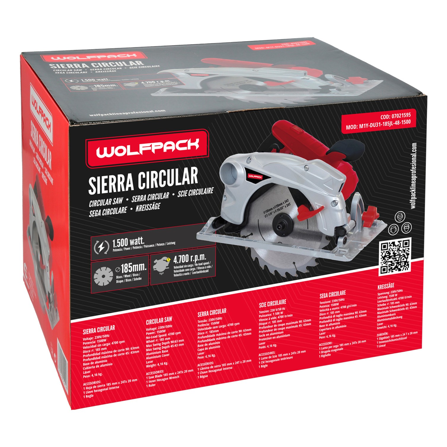 Sierra Circular 1300 Watt. Con Laser Disco 185 mm. 4.700 RPM Corte Inglete Regulador de Profundidad. Ingletadora, Sierra Madera