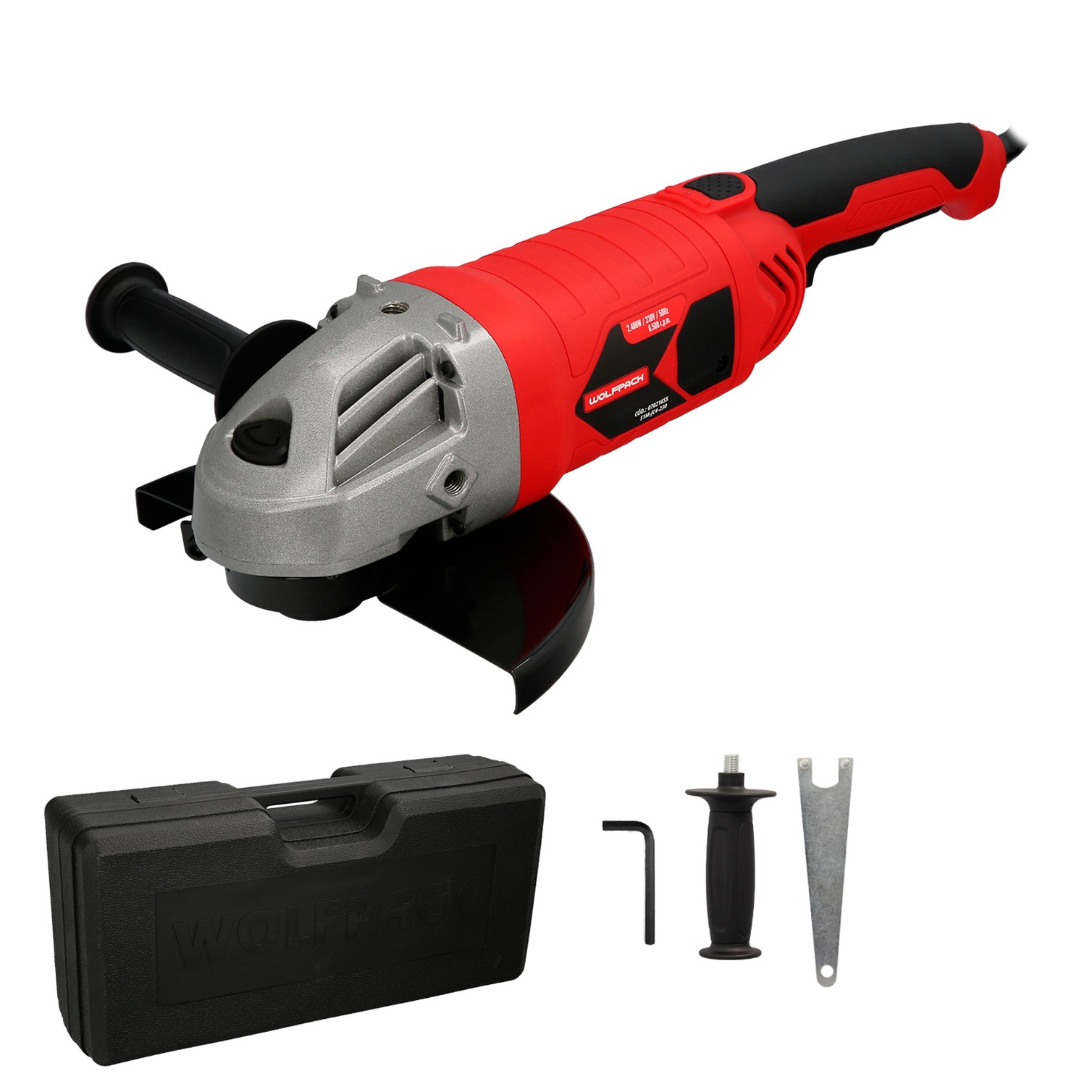 Amoladora Angular 2.400 Watt. Disco Ø 230 mm. 6.500 R.P.M. Mango 3 Posiciones Eje M14 Protector Disco Ajustable, Anti arranque
