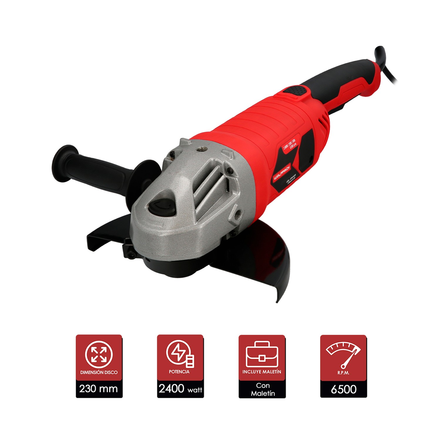 Amoladora Angular 2.400 Watt. Disco Ø 230 mm. 6.500 R.P.M. Mango 3 Posiciones Eje M14 Protector Disco Ajustable, Anti arranque