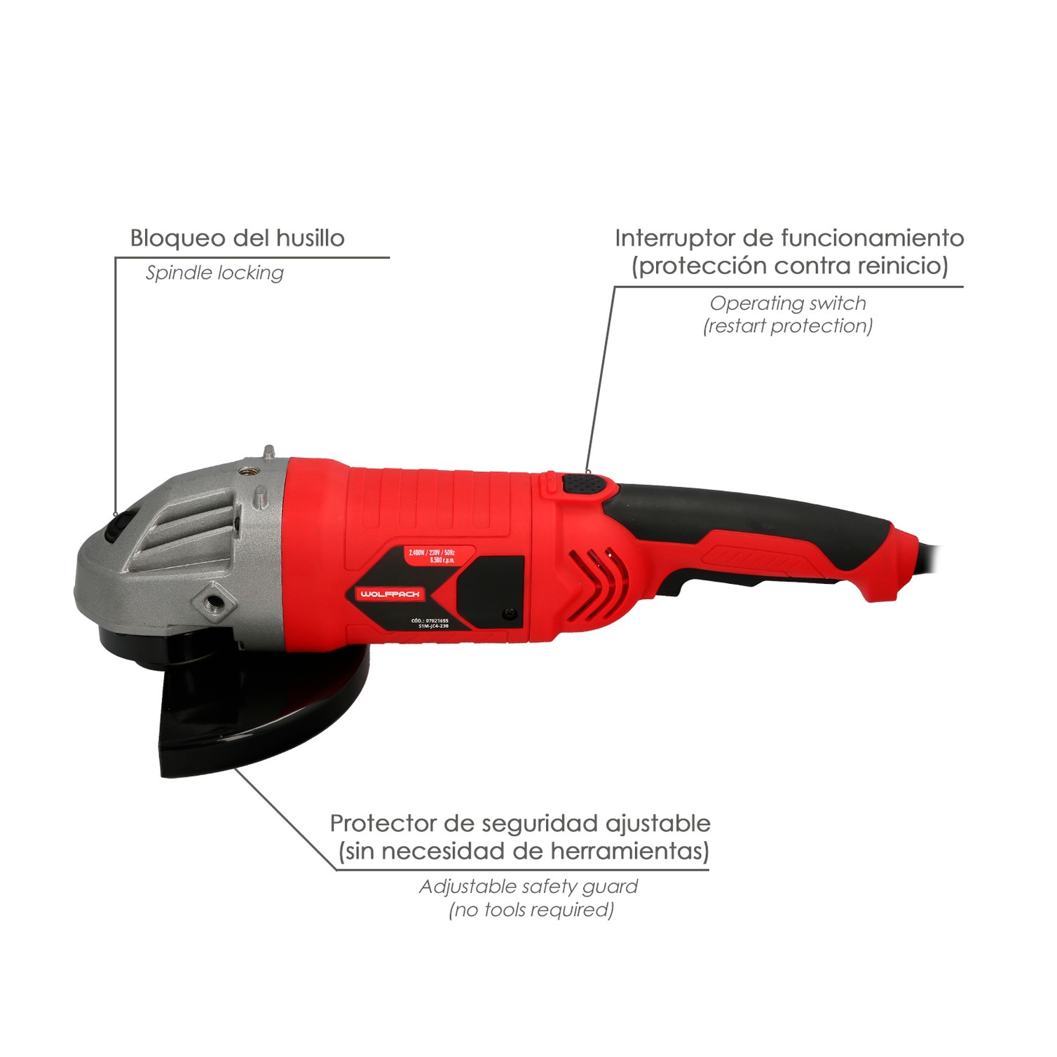 Amoladora Angular 2.400 Watt. Disco Ø 230 mm. 6.500 R.P.M. Mango 3 Posiciones Eje M14 Protector Disco Ajustable, Anti arranque