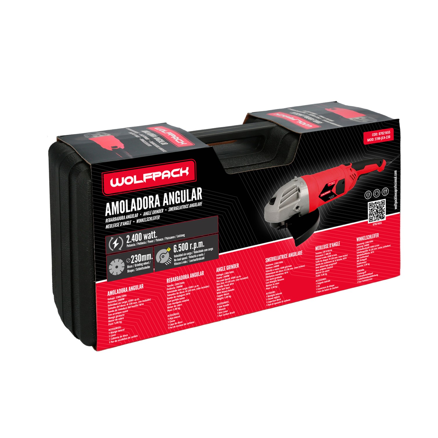 Amoladora Angular 2.400 Watt. Disco Ø 230 mm. 6.500 R.P.M. Mango 3 Posiciones Eje M14 Protector Disco Ajustable, Anti arranque