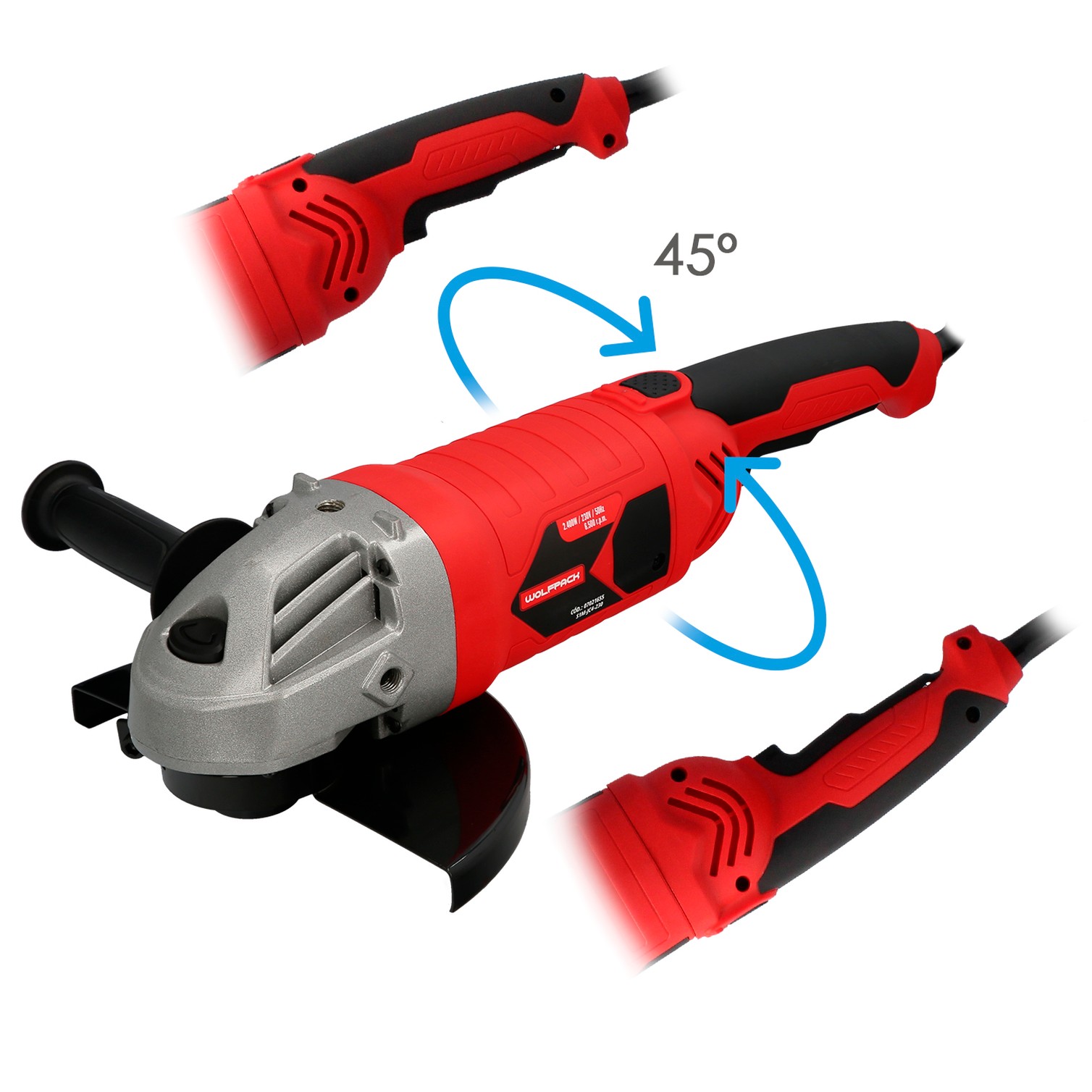 Amoladora Angular 2.400 Watt. Disco Ø 230 mm. 6.500 R.P.M. Mango 3 Posiciones Eje M14 Protector Disco Ajustable, Anti arranque