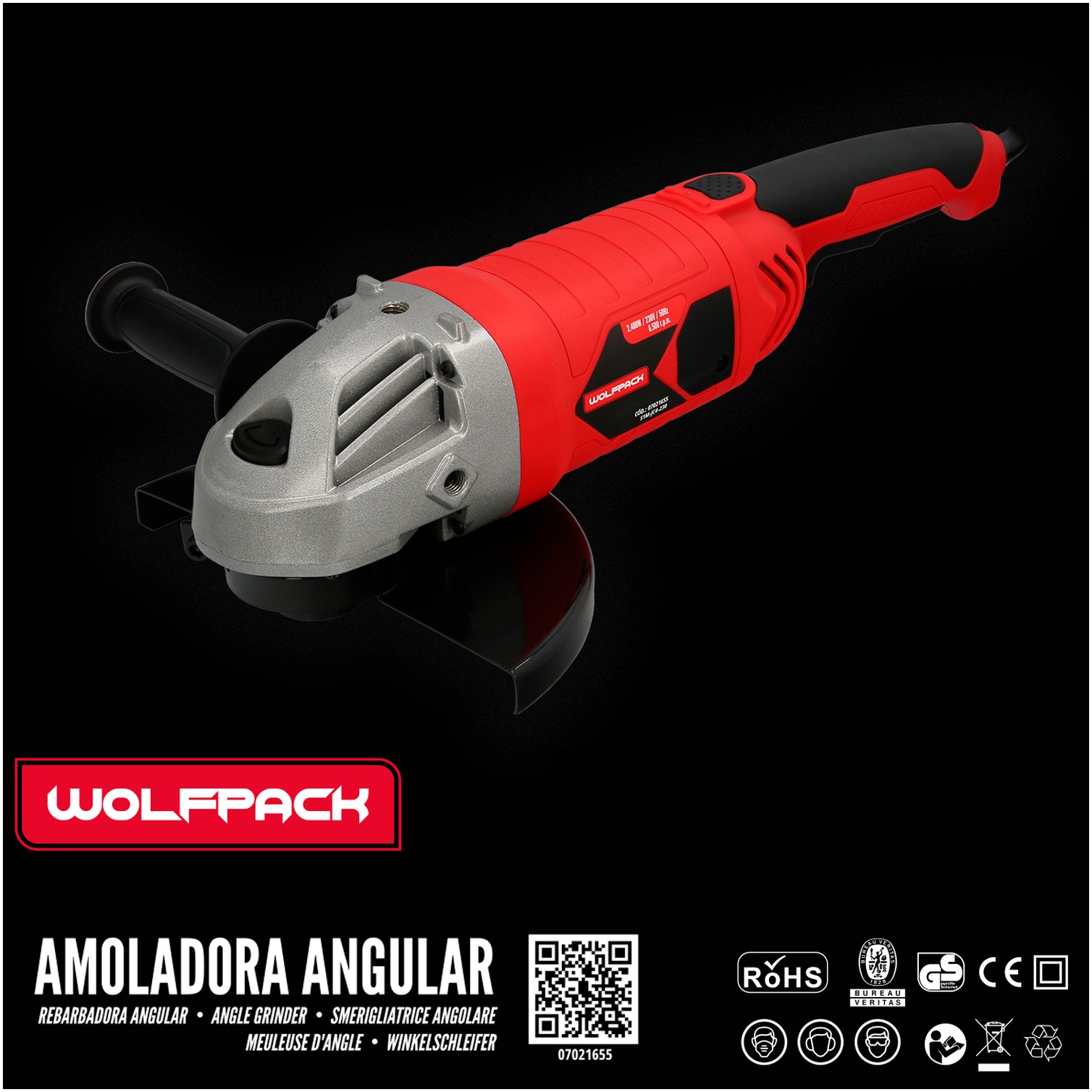 Amoladora Angular 2.400 Watt. Disco Ø 230 mm. 6.500 R.P.M. Mango 3 Posiciones Eje M14 Protector Disco Ajustable, Anti arranque