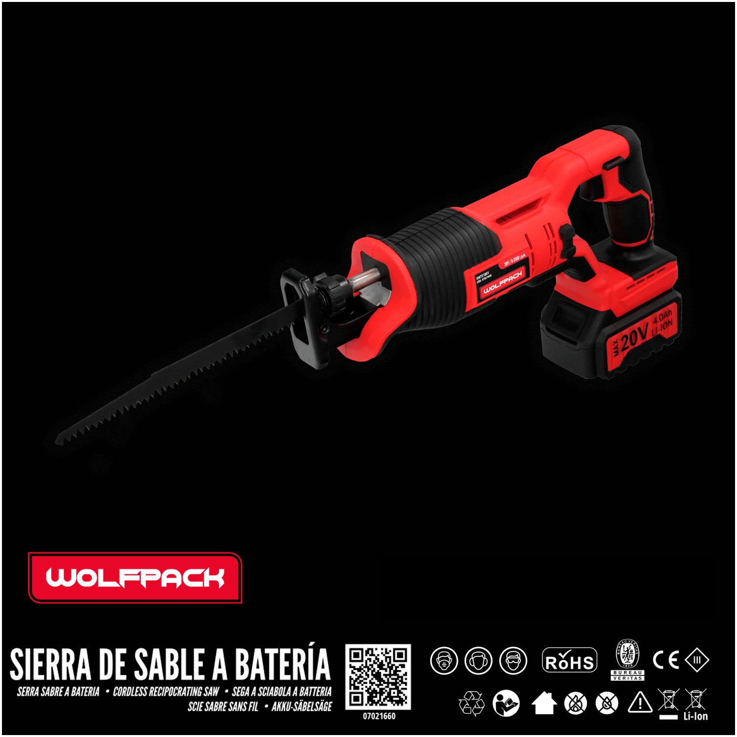 Sierra De Sable 20 V. Bateria 4 Ah. Cambio Rapido de Hoja. Madera 100 mm. / Acero 6 mm.