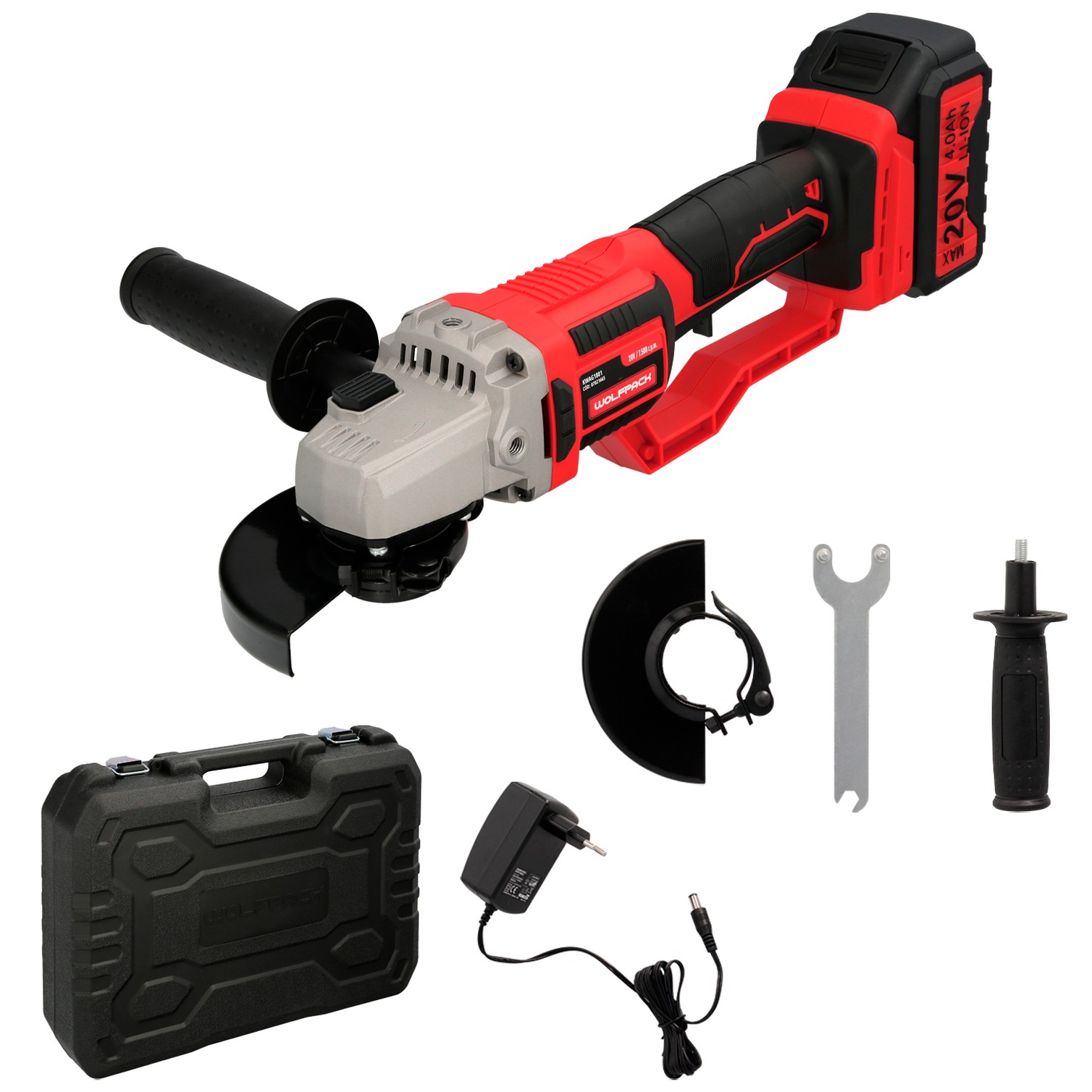 Amoladora A Bateria 20 Volt. Con Bateria 4.0 Ah. Ø 115 mm. 7.000 R.P.M. Mango 3 Posiciones Eje M14 Protector Disco Ajustable