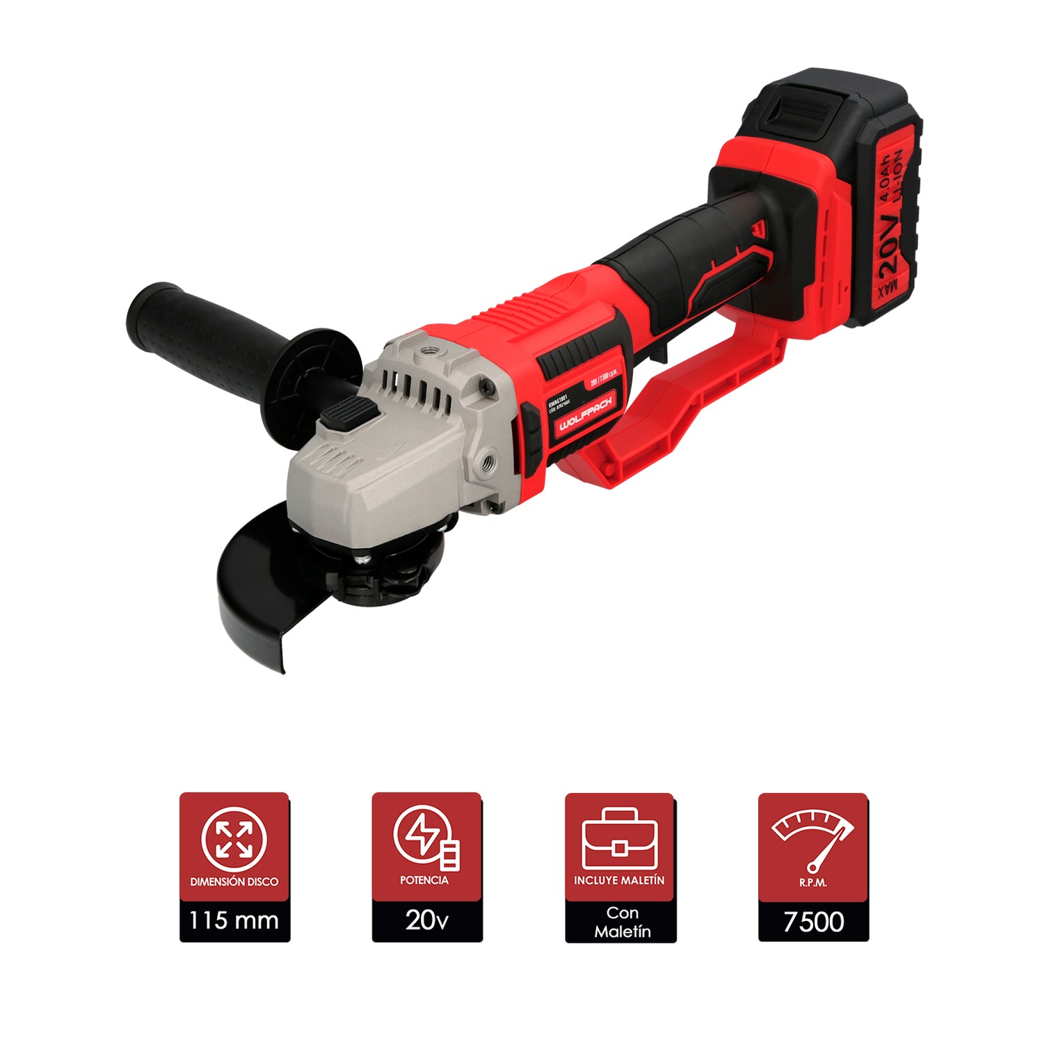 Amoladora A Bateria 20 Volt. Con Bateria 4.0 Ah. Ø 115 mm. 7.000 R.P.M. Mango 3 Posiciones Eje M14 Protector Disco Ajustable